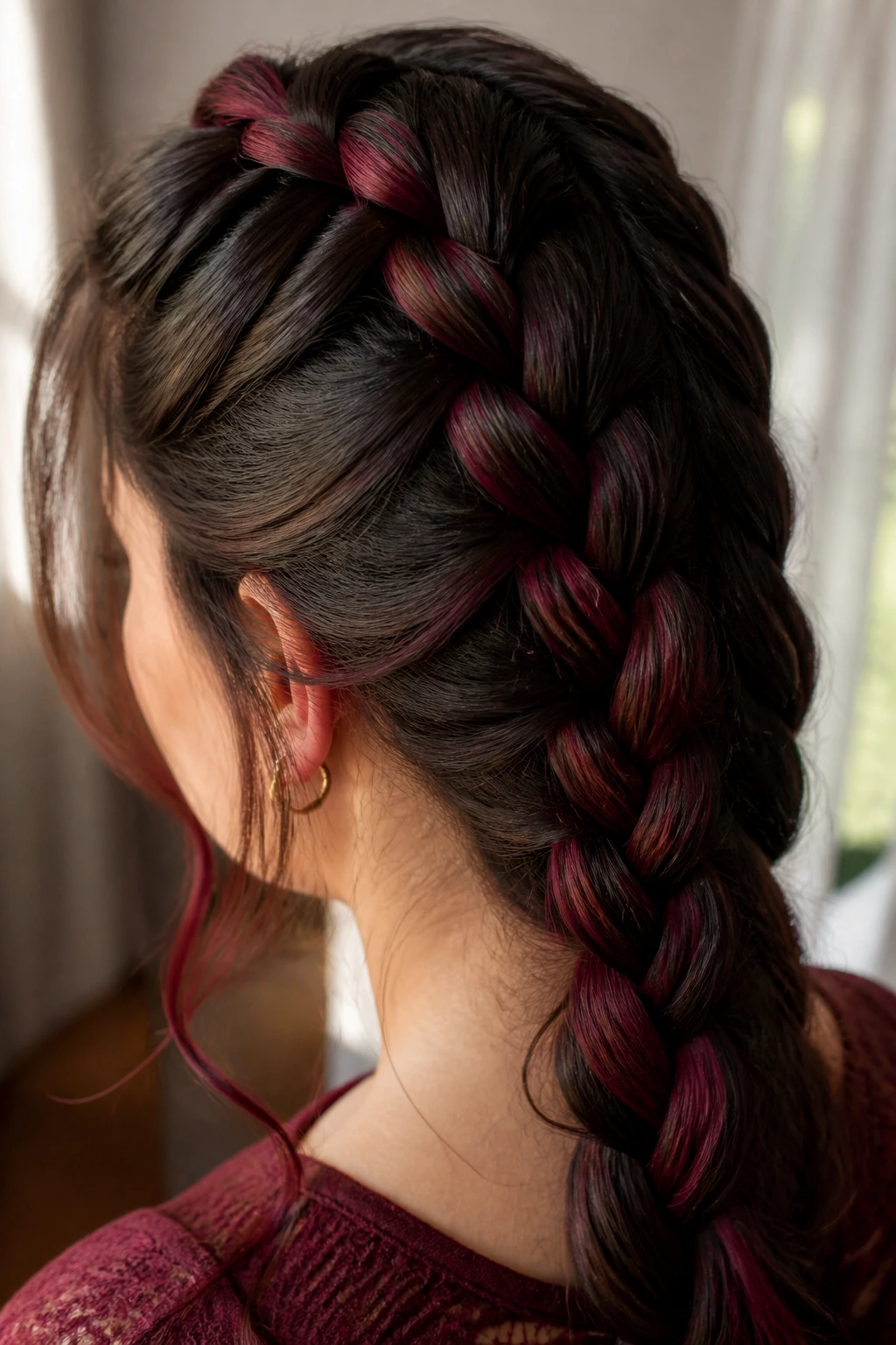 Close-up of a real person with thick hair showing burgundy accent streaks braided in a Dutch braid.