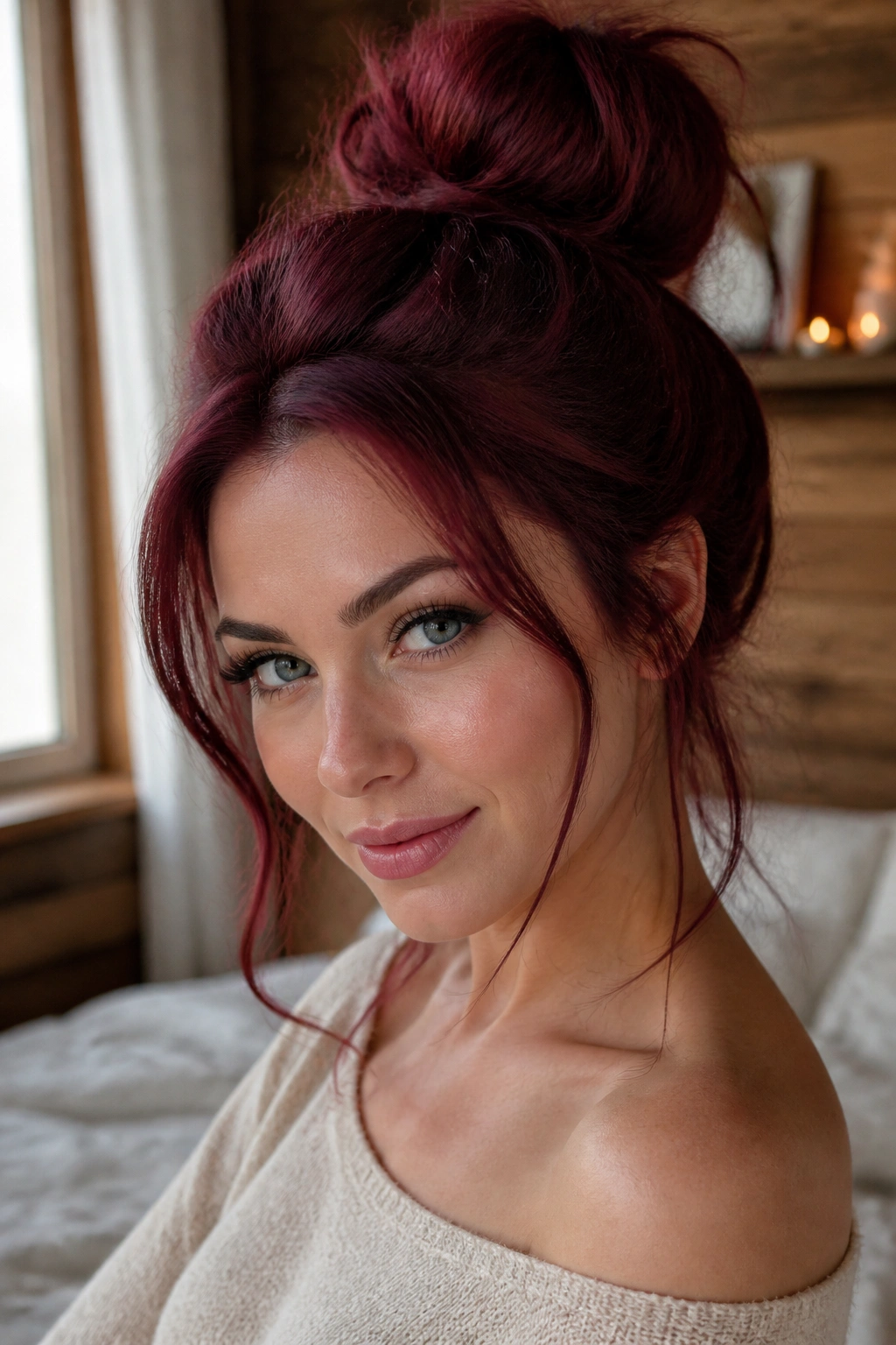 Close-up of a woman with burgundy top knot and loose strands around the face.