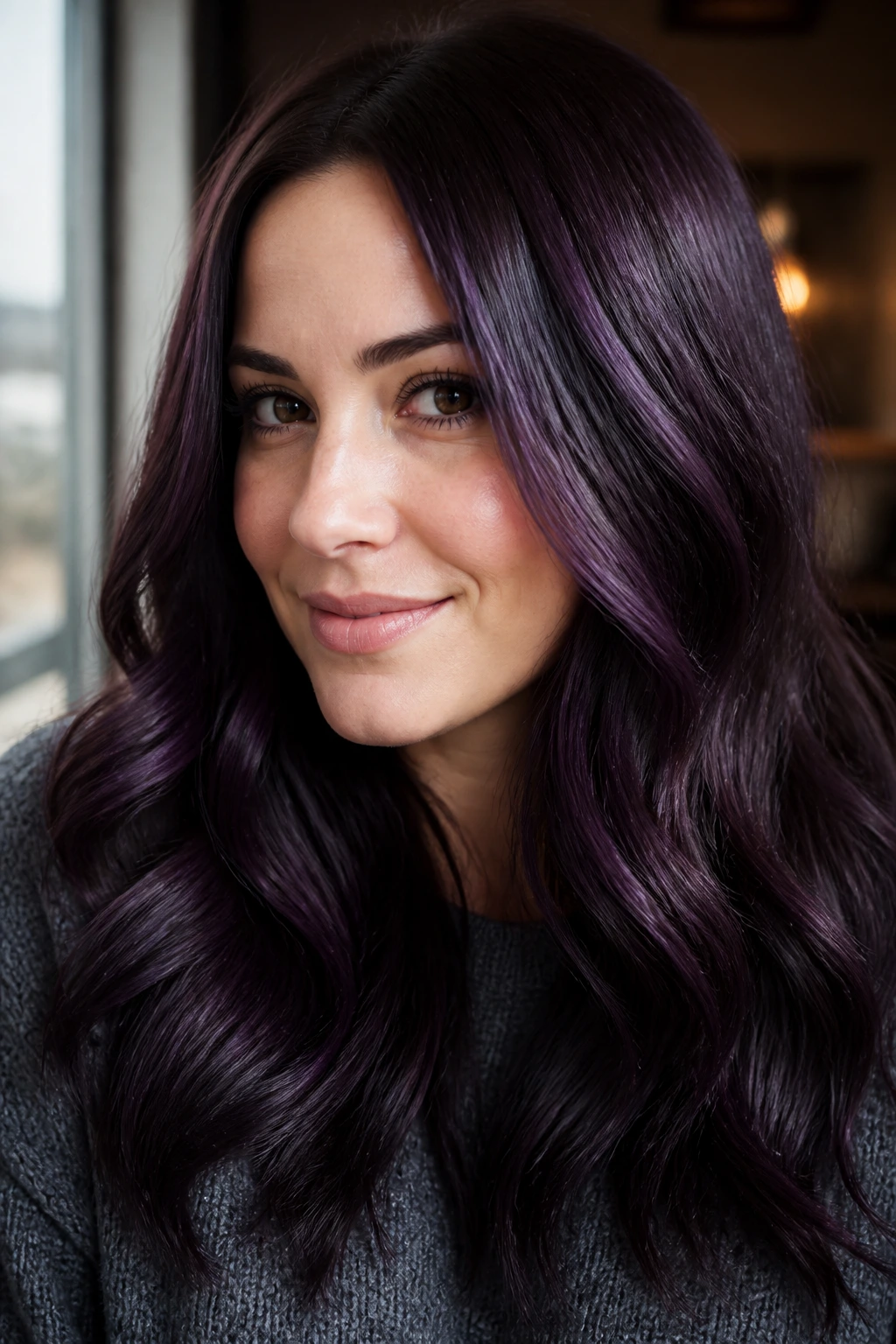 Close-up portrait of a real woman with blackberry brown hair and violet gloss, soft window light.