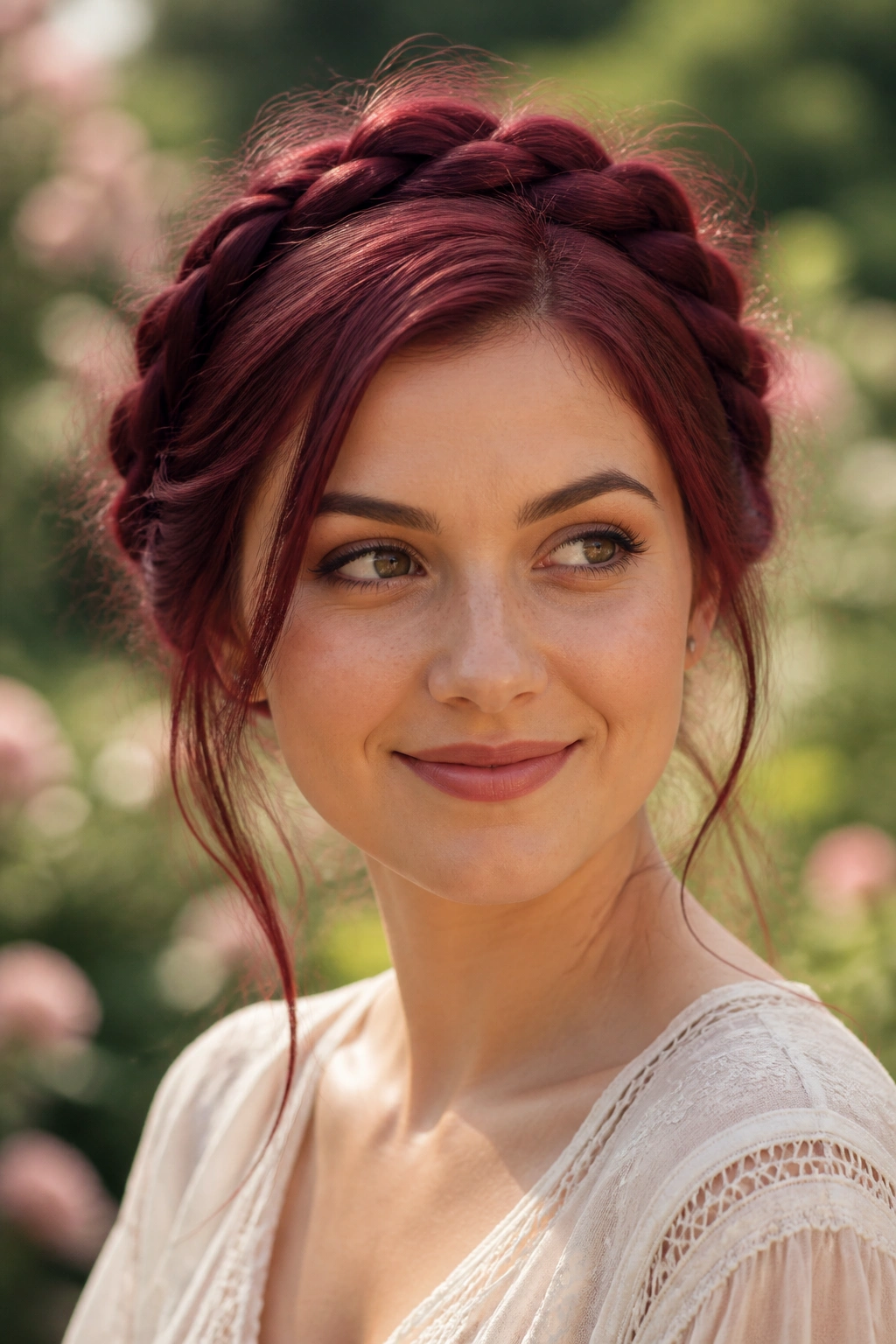 Close-up of a woman wearing burgundy halo braid with crown-height lift.