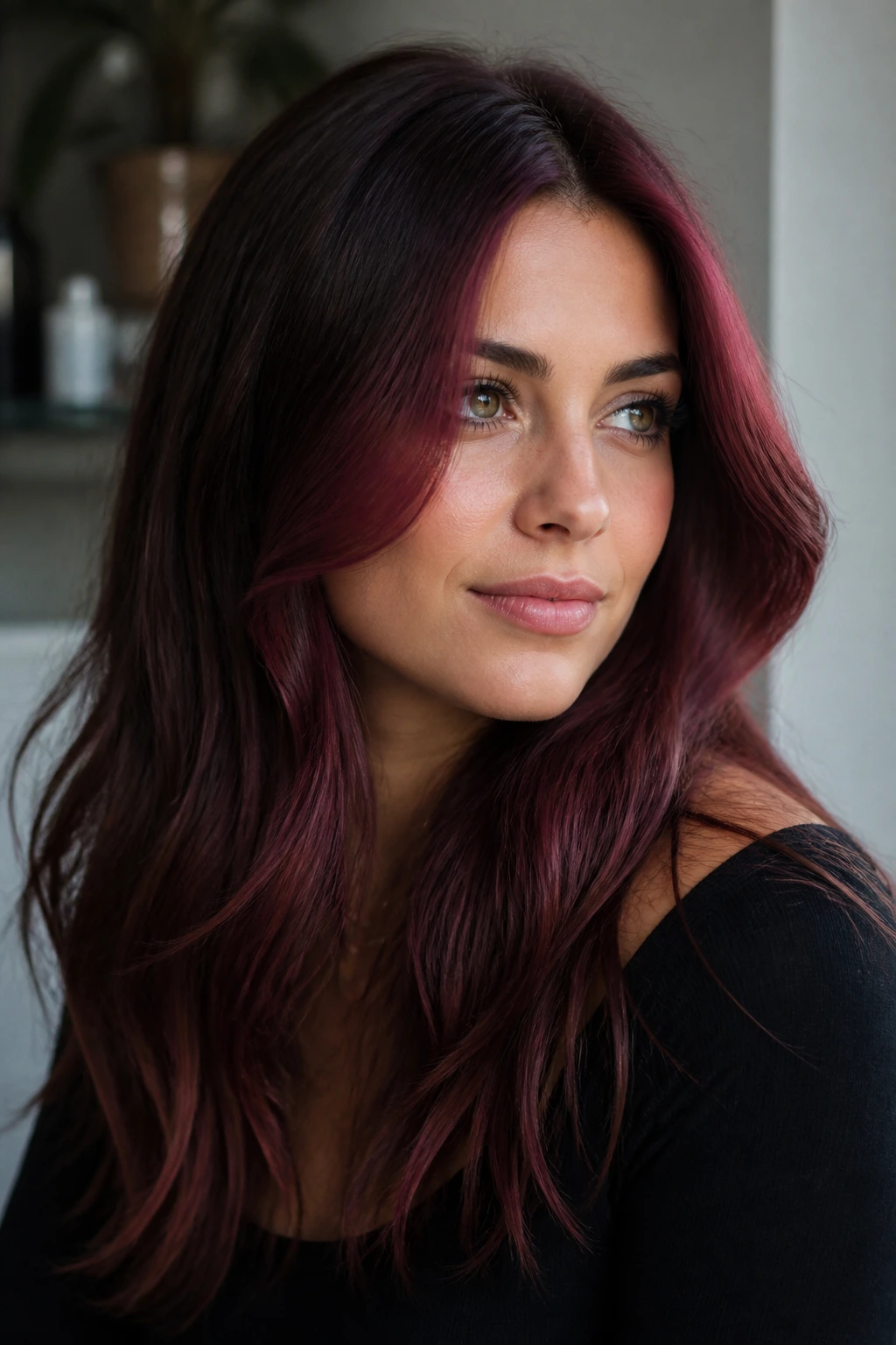 Portrait of burgundy halo framing the face and crown