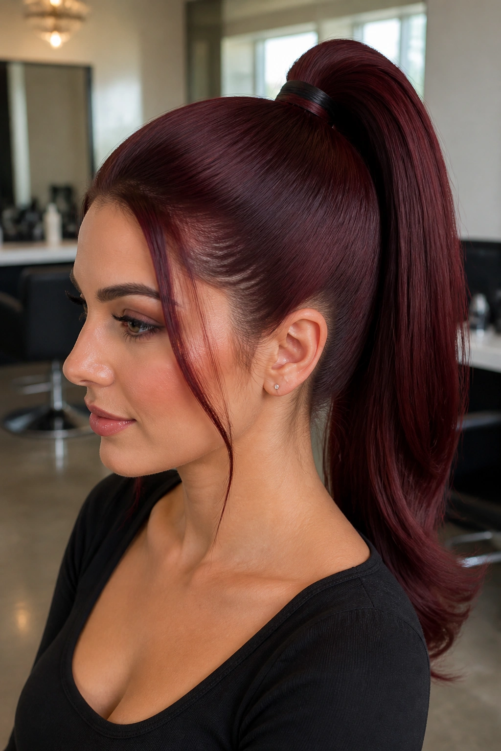 Woman with a sleek burgundy high ponytail