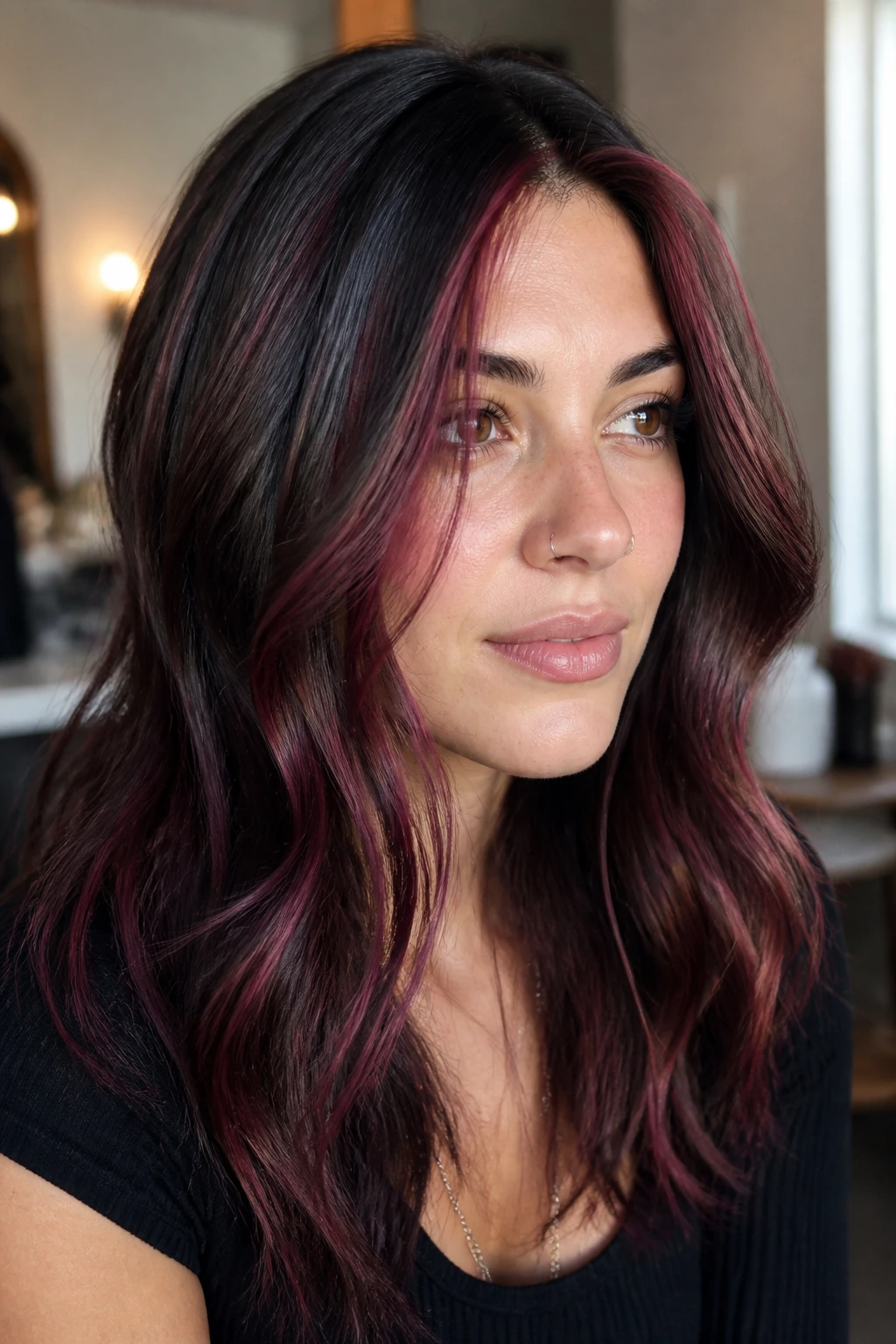 Close-up of real woman with icy burgundy highlights around crown and face frame
