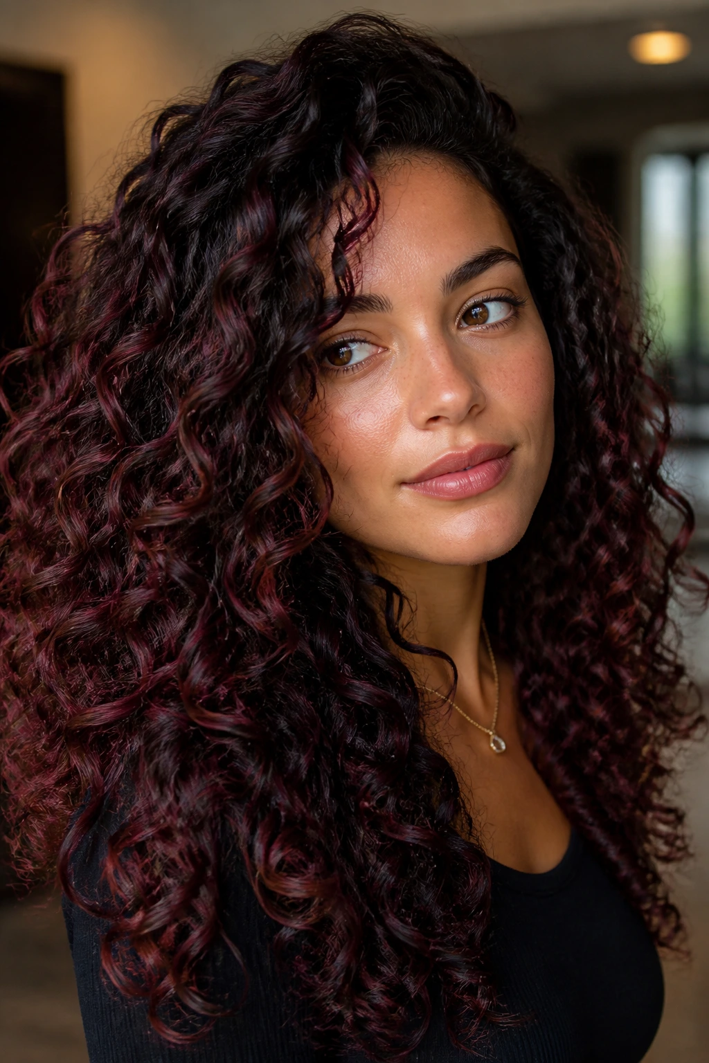 Close-up of dark curly hair with smoky burgundy highlights catching light