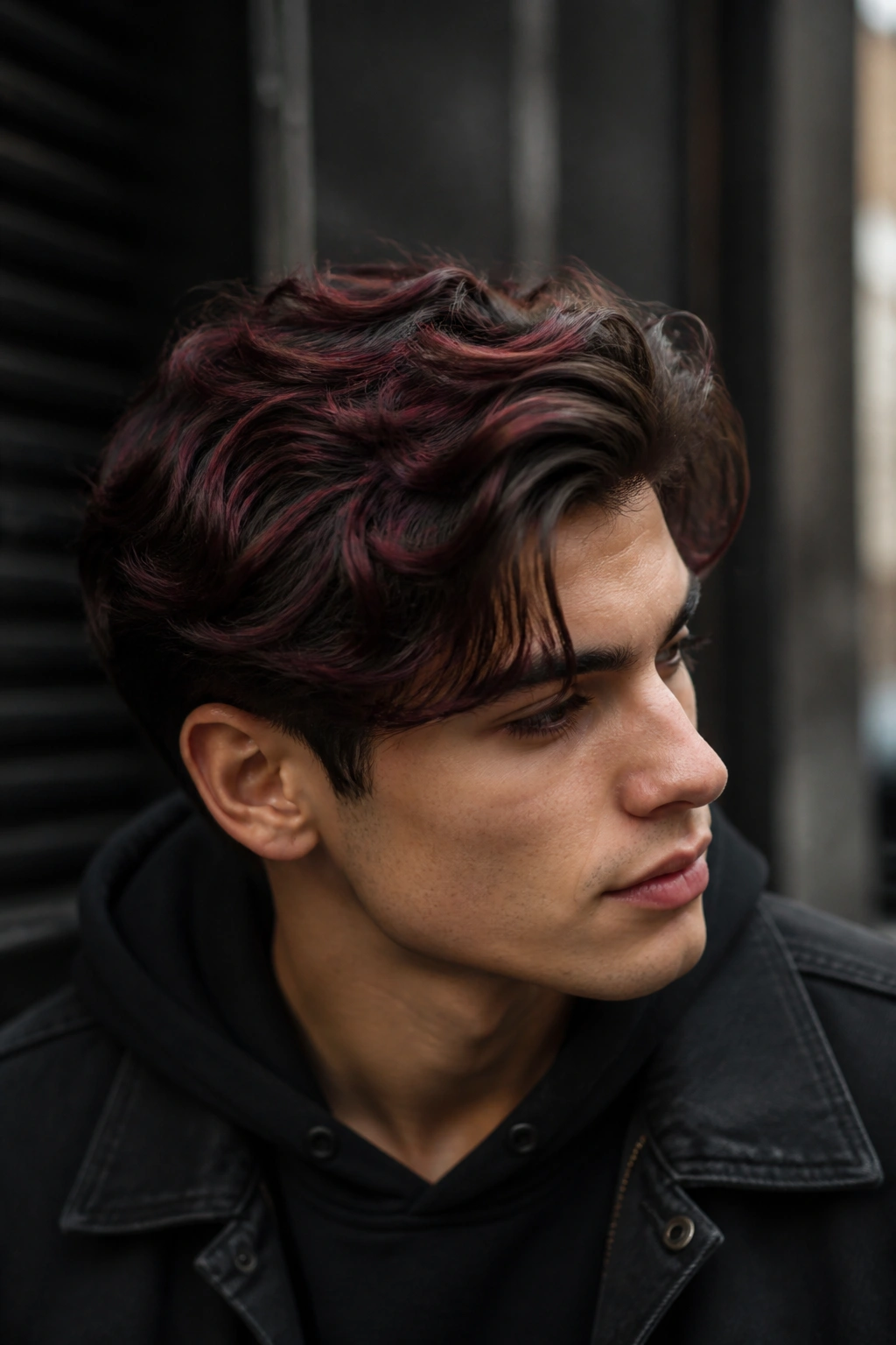 Man with burgundy highlights in dark hair under soft lighting