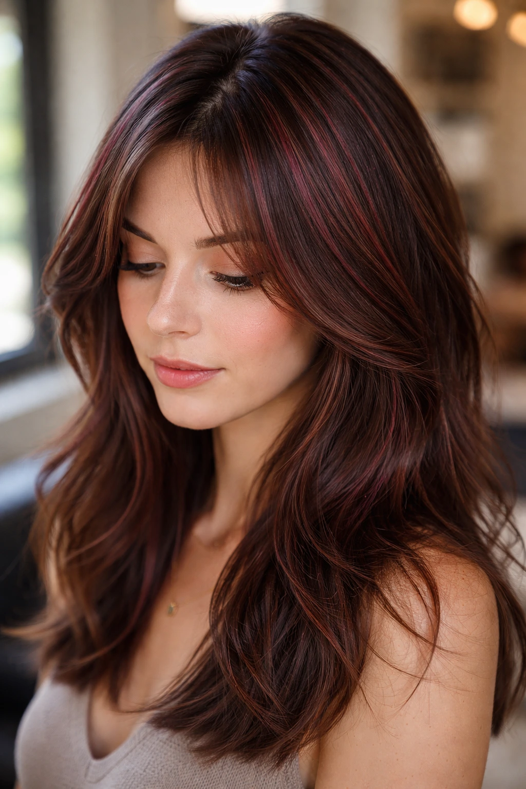 Close-up of fine hair with burgundy sprinkle highlights around part and front in natural light