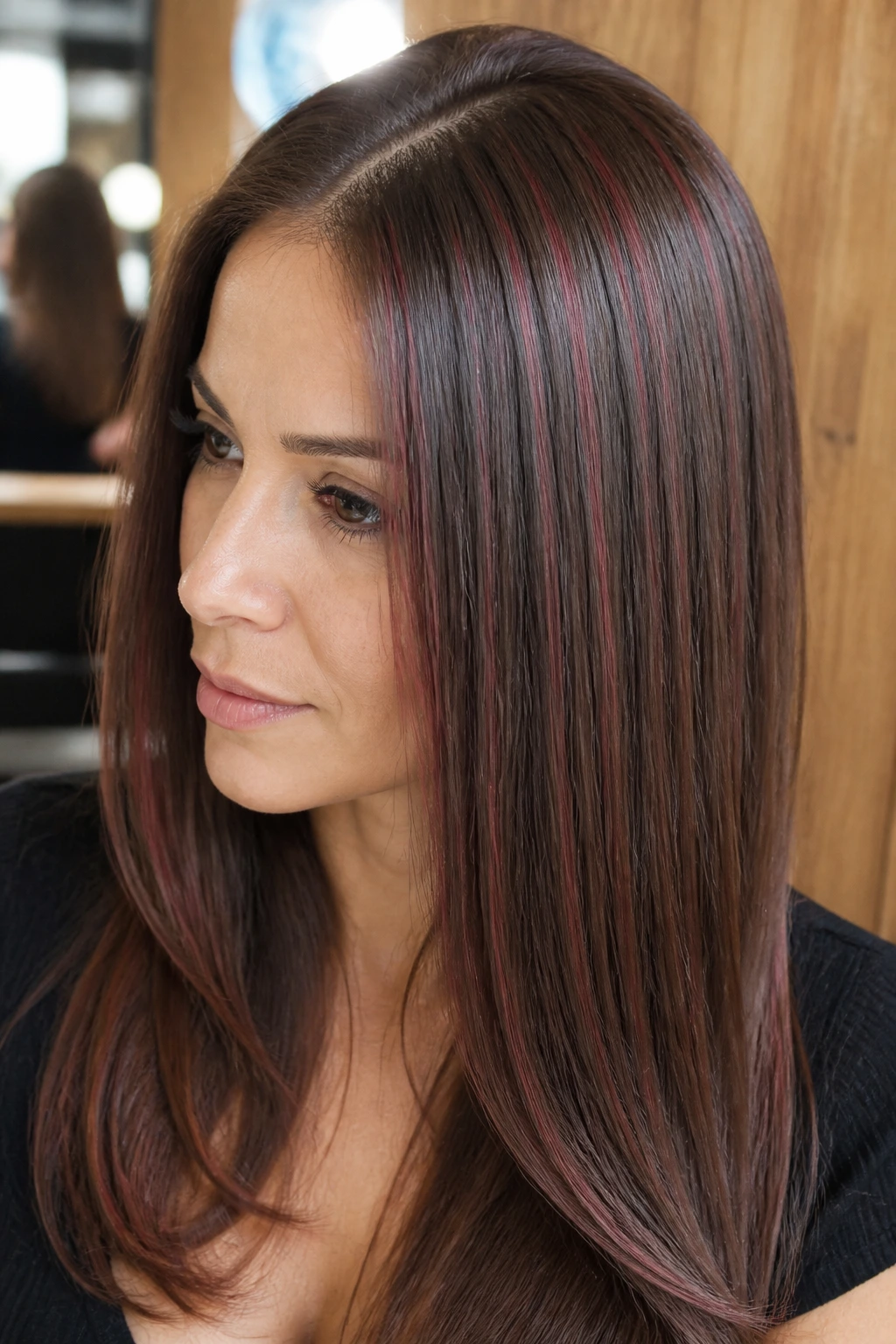 Close-up portrait of a real woman with straight brown hair featuring burgundy ribbon highlights in a warm salon setting.