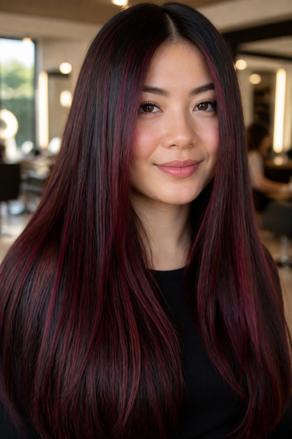 Close-up of a real woman with long straight burgundy-highlighted hair in a chic salon