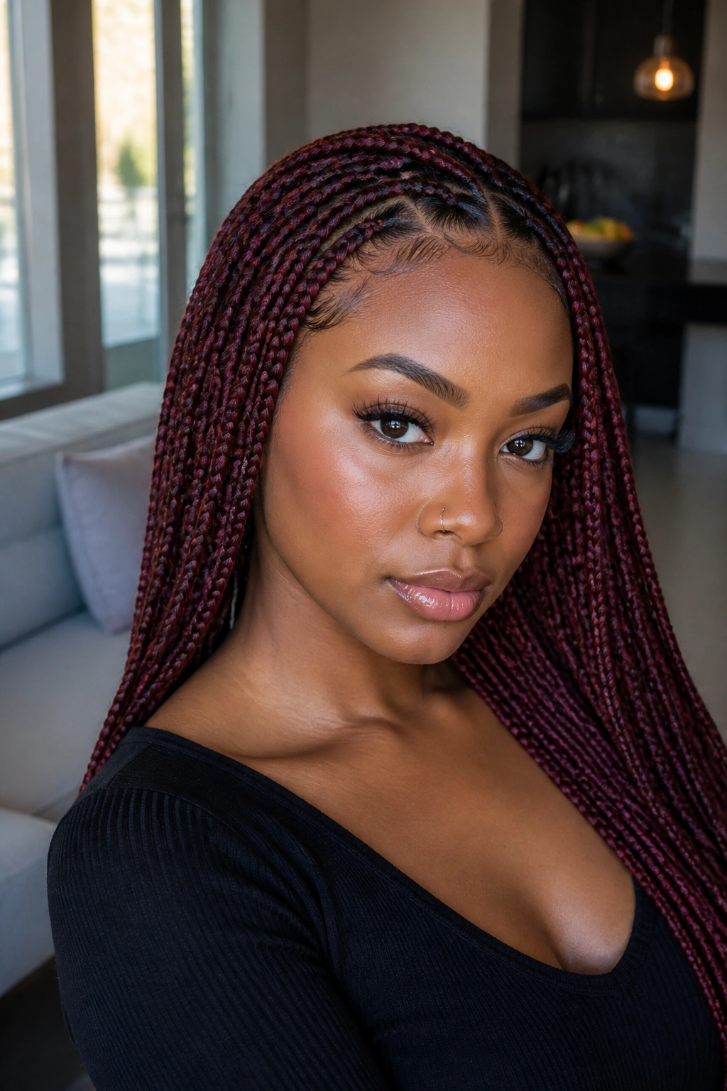 Close-up of a real Black woman with burgundy knotless braids indoors