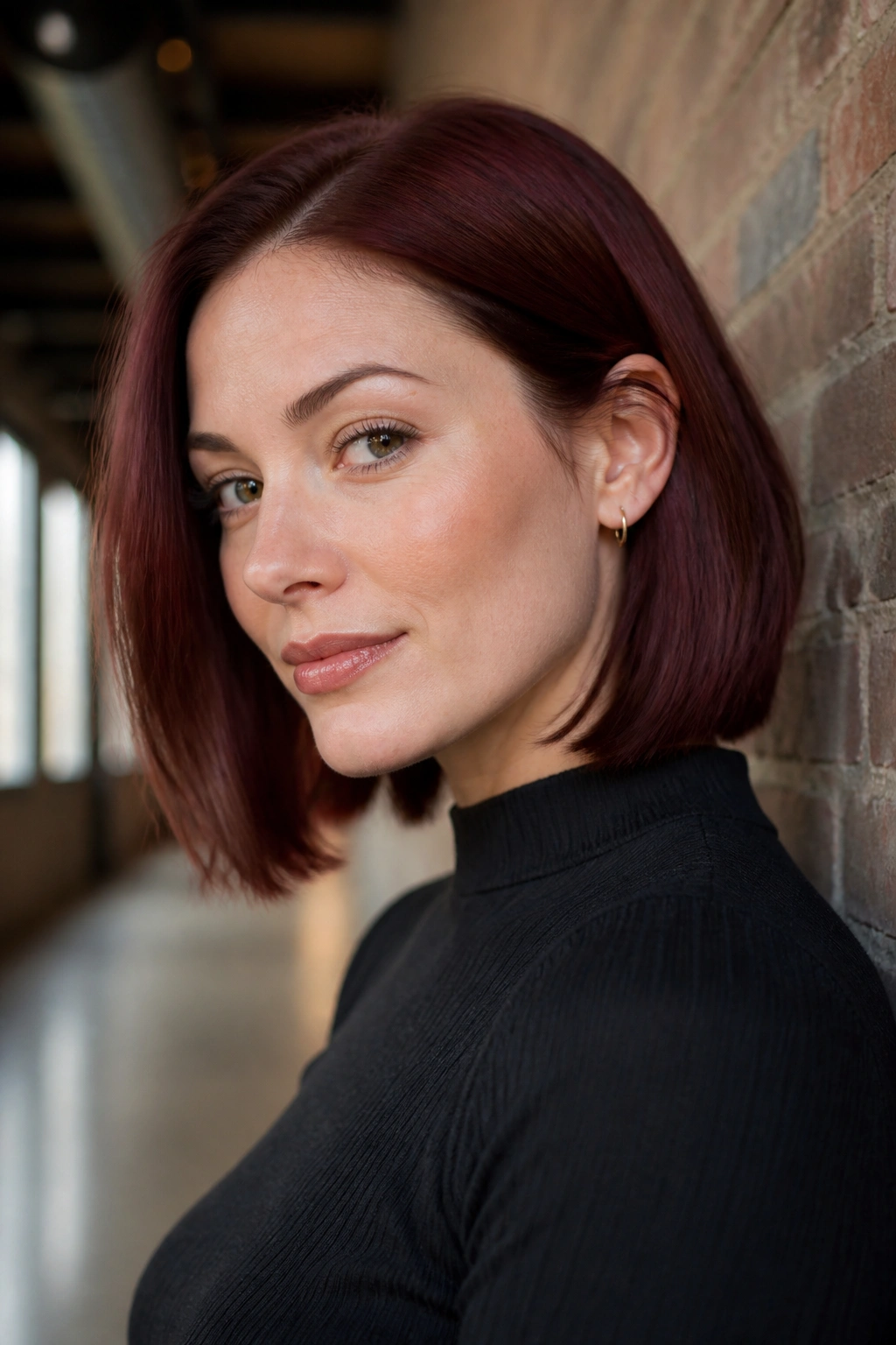 Real woman with burgundy blunt lob and soft tuck behind the ear