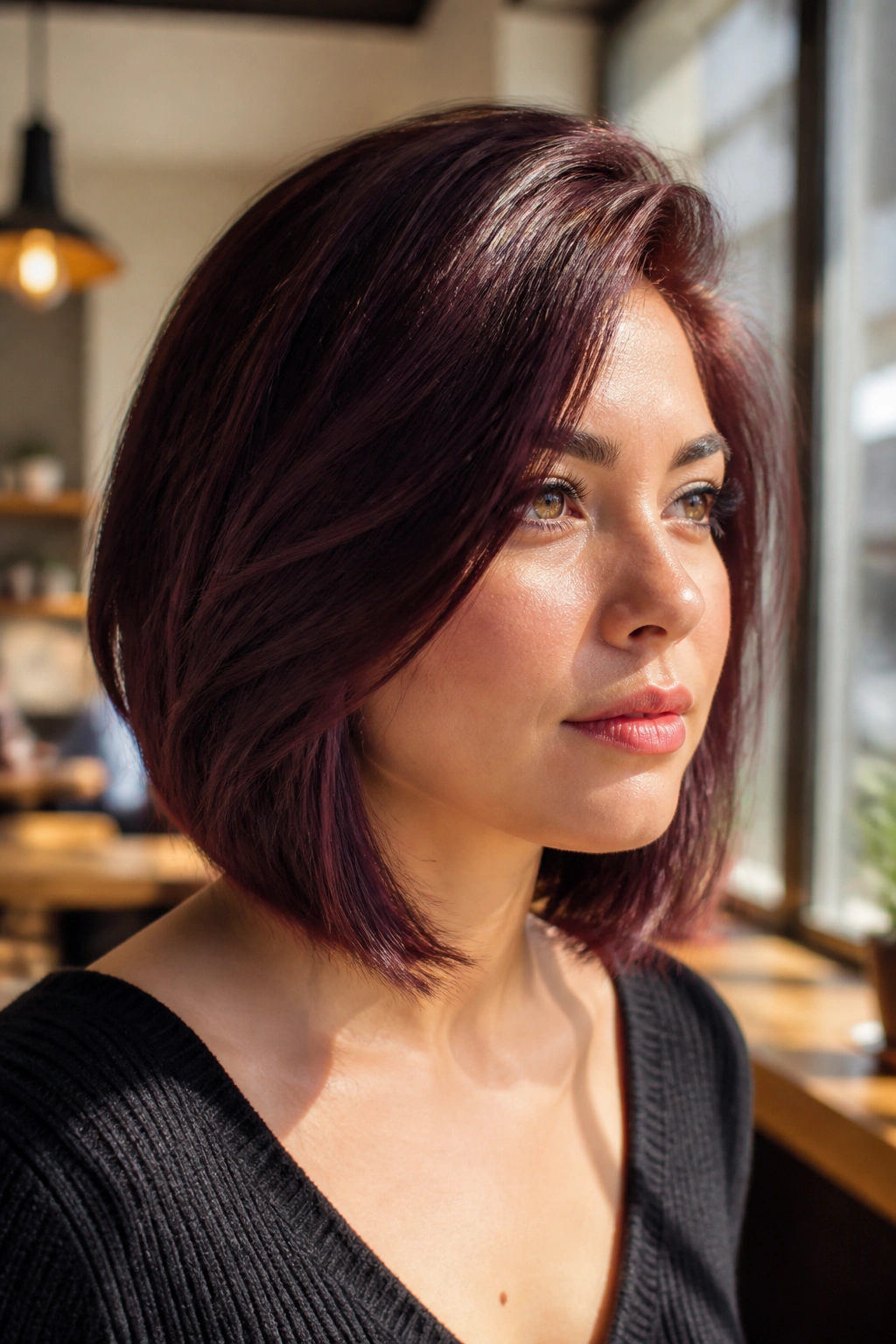 Close-up of a woman with burgundy lob between chin and collarbone, side sweep.