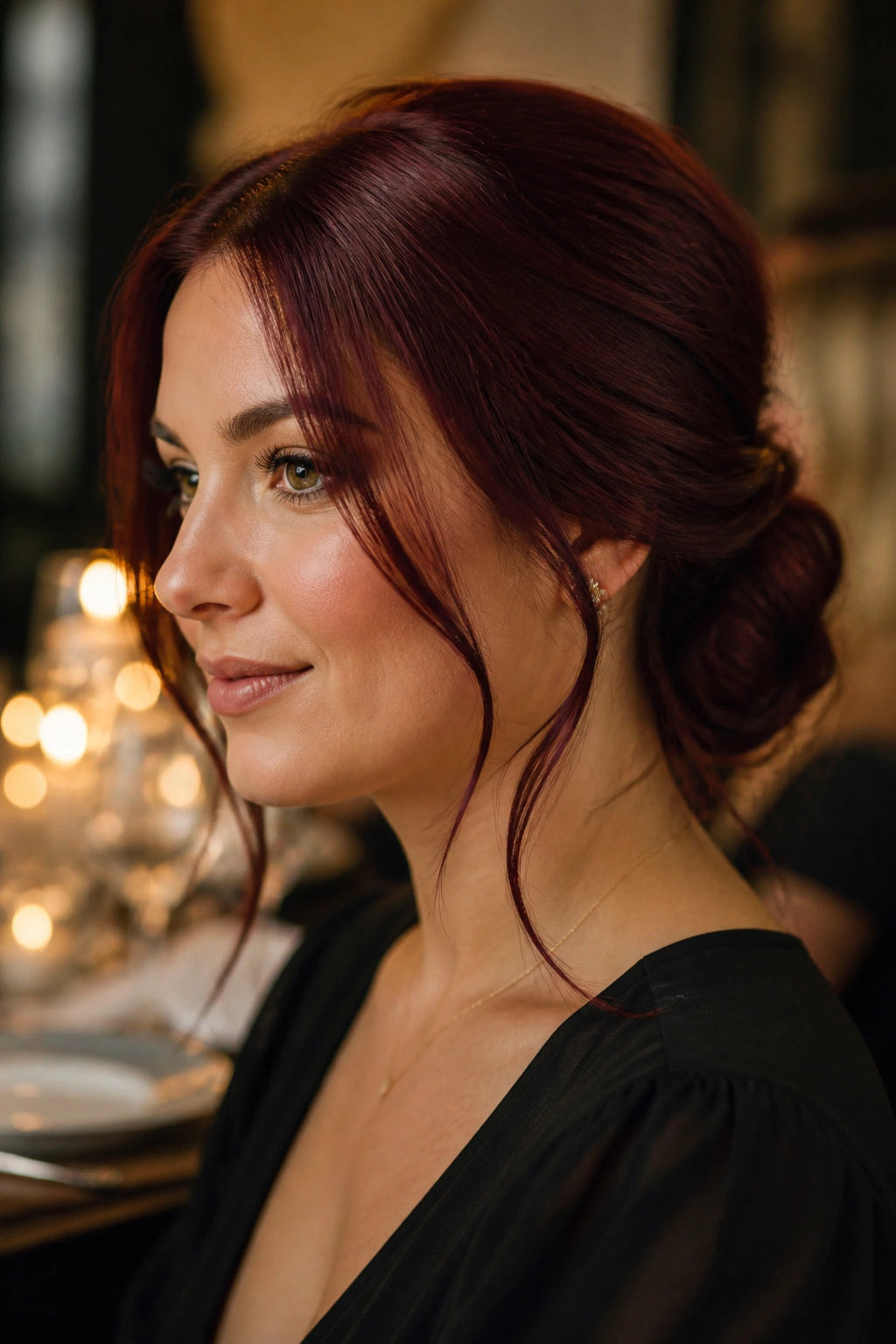 Portrait of a woman with a burgundy low bun and face-framing pieces.