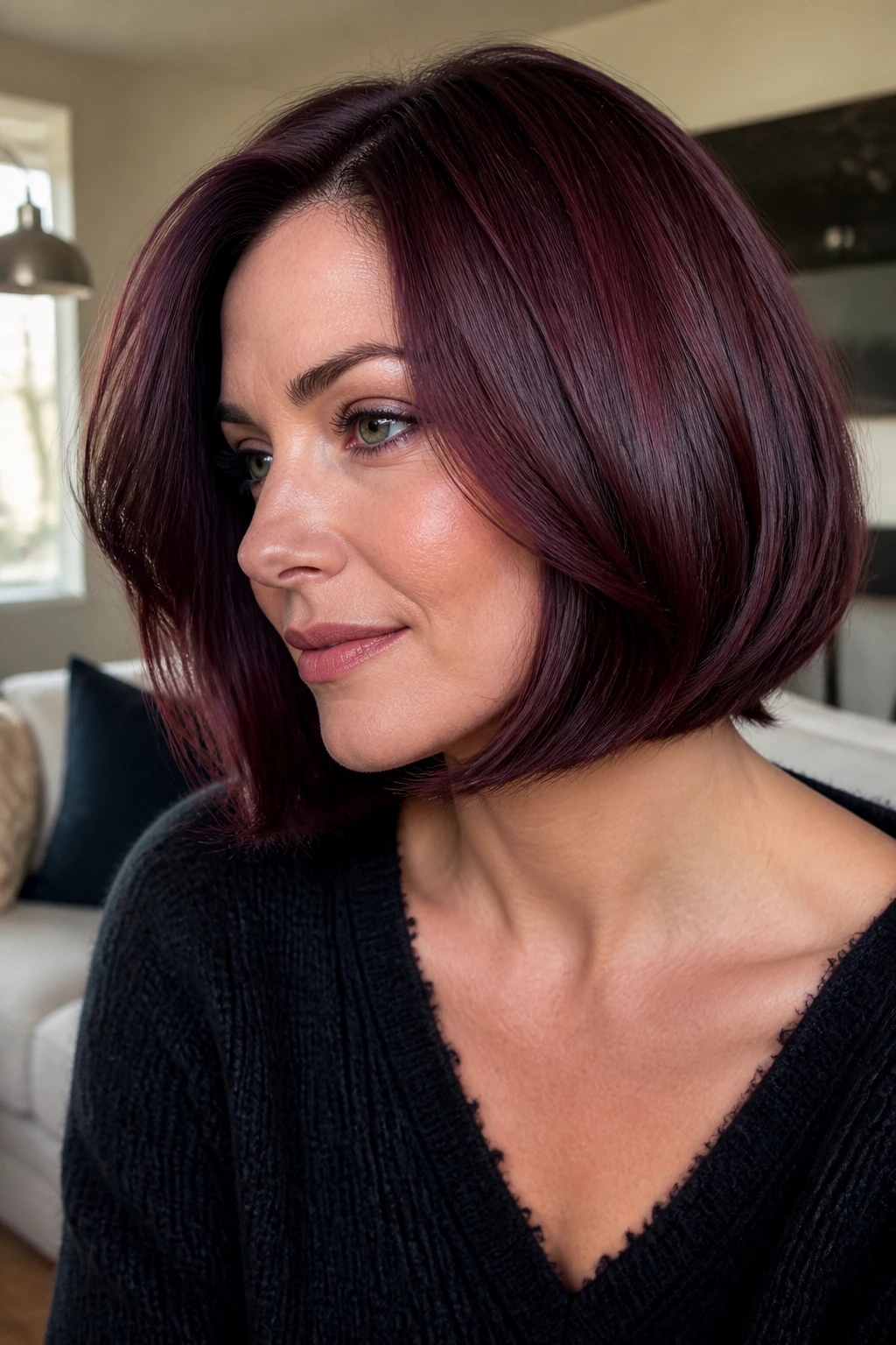 Close-up of a real woman with a chin-length Deep Burgundy Mahogany Bob