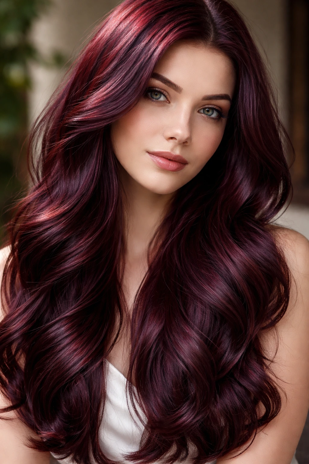 Close-up of deep burgundy mahogany hair on a real person