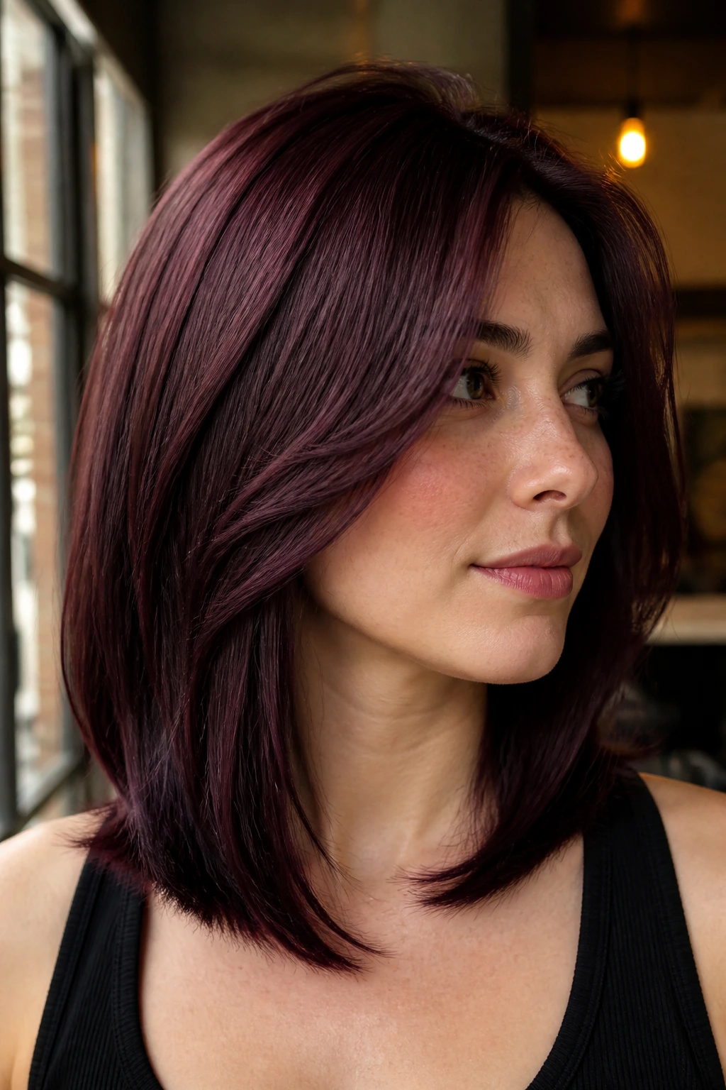 Medium close-up of burgundy mahogany lob with soft feathered ends on a real person