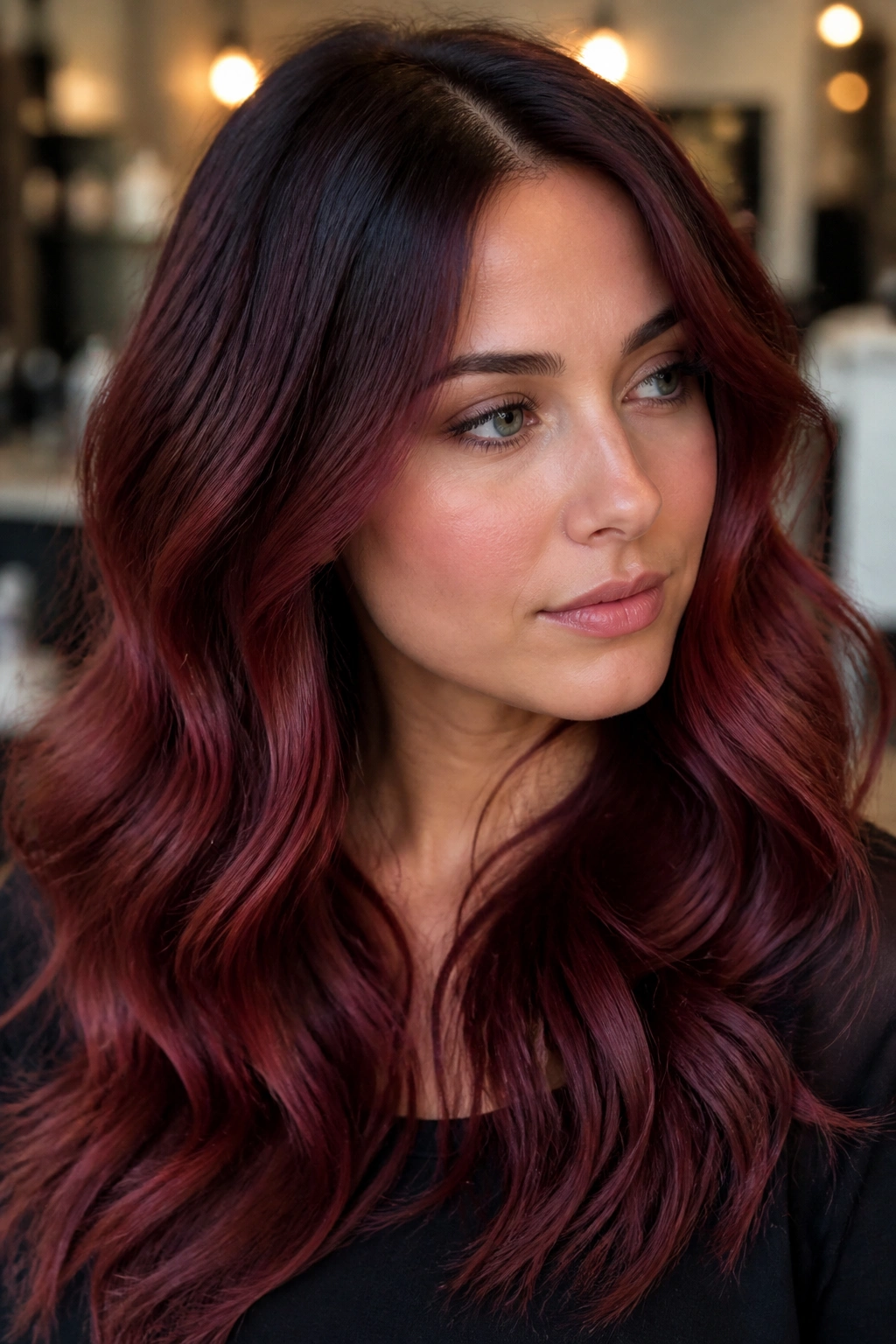 Close-up portrait of a real person with Burgundy Mahogany Melt hair showing a root-to-mid melt in warm indoor light