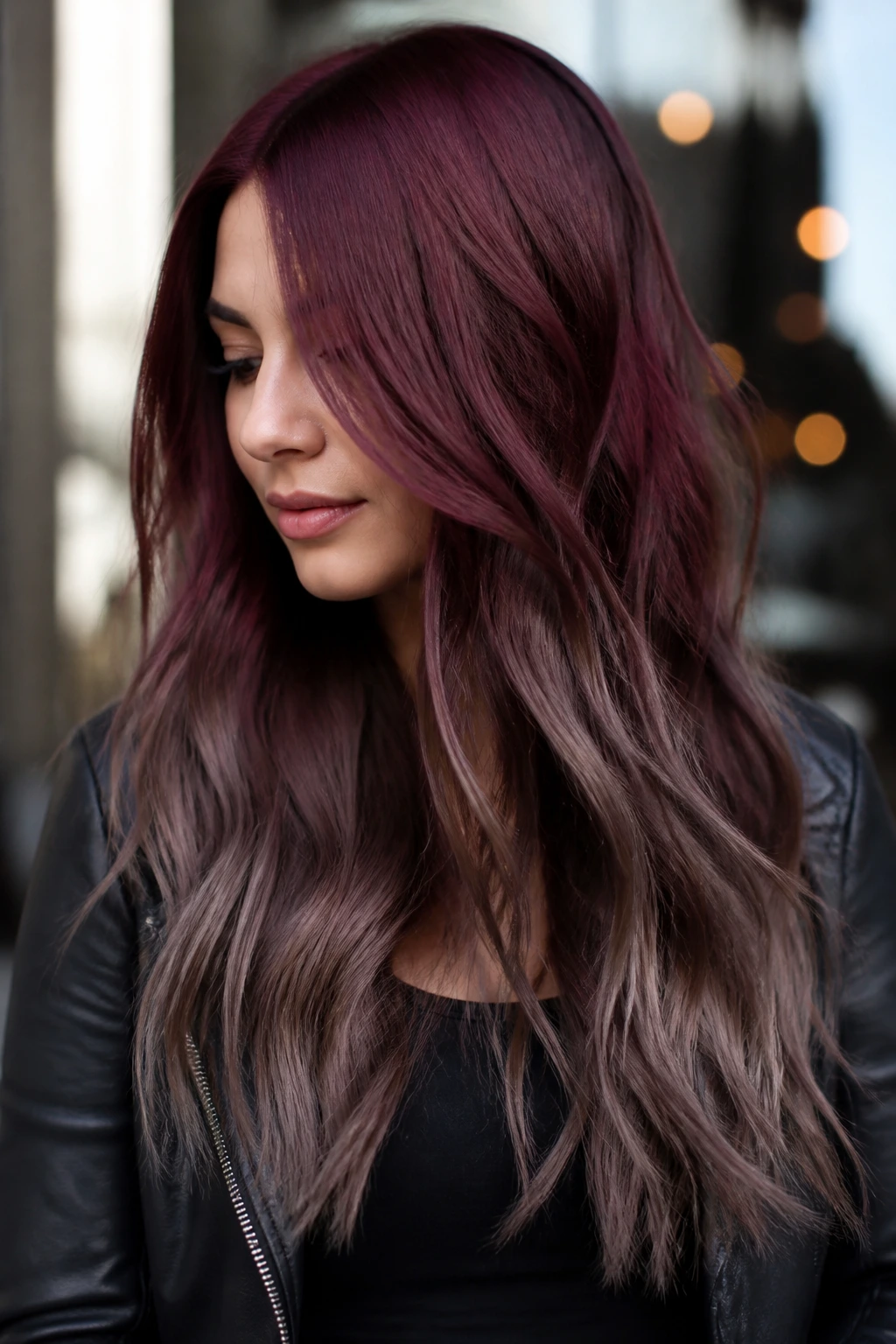 Real person with burgundy ombré fading to ash ends in long hair.