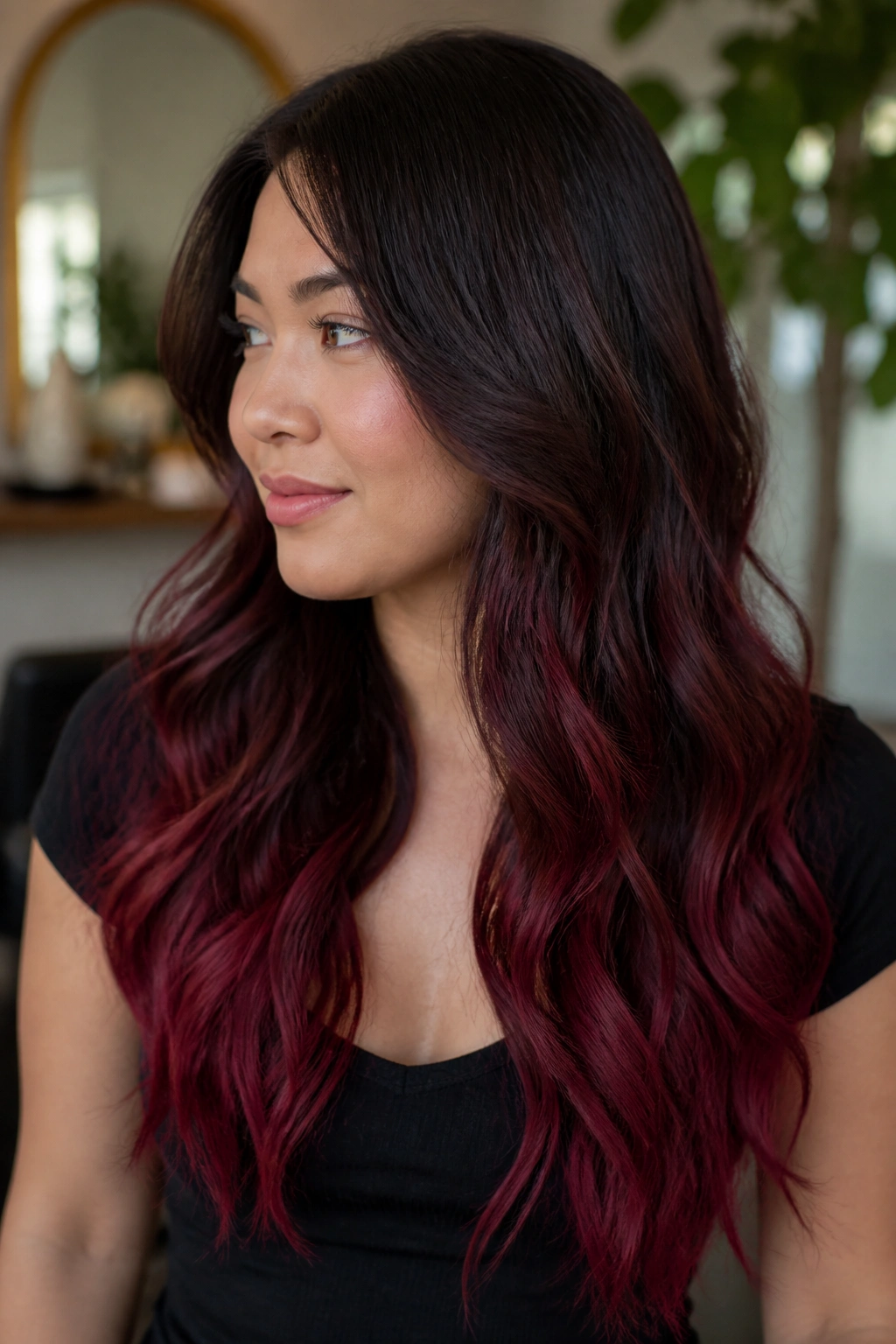 Close-up of burgundy ombre on dark brown hair on a real person