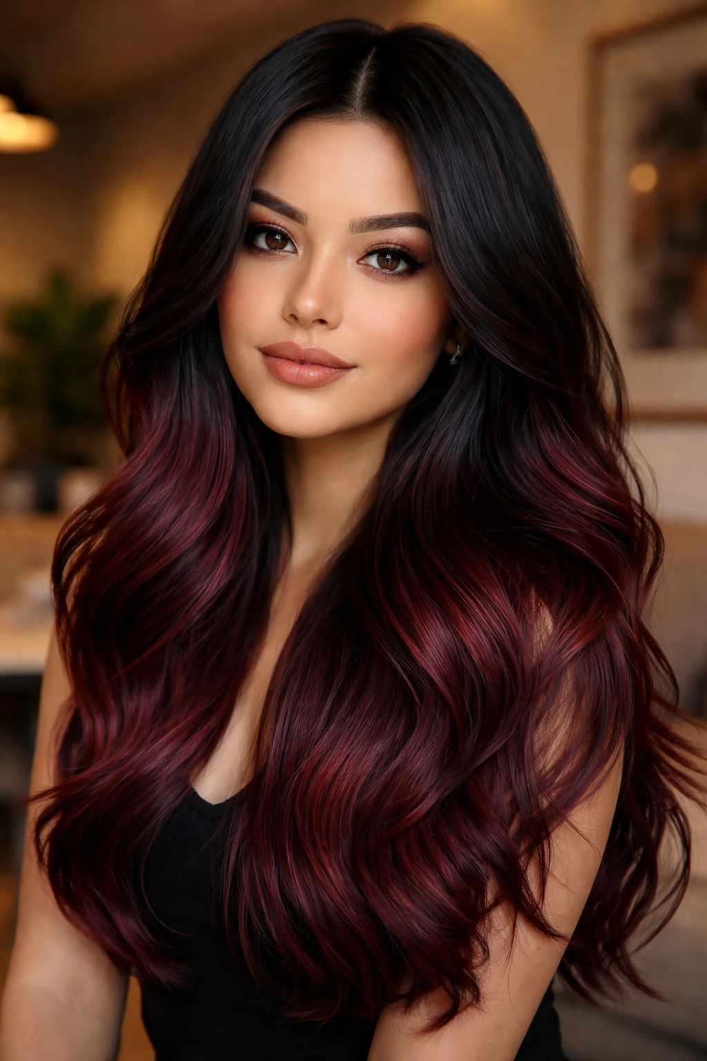 Close-up portrait of a real person with Black to Burgundy Melt ombre from black to burgundy ends.