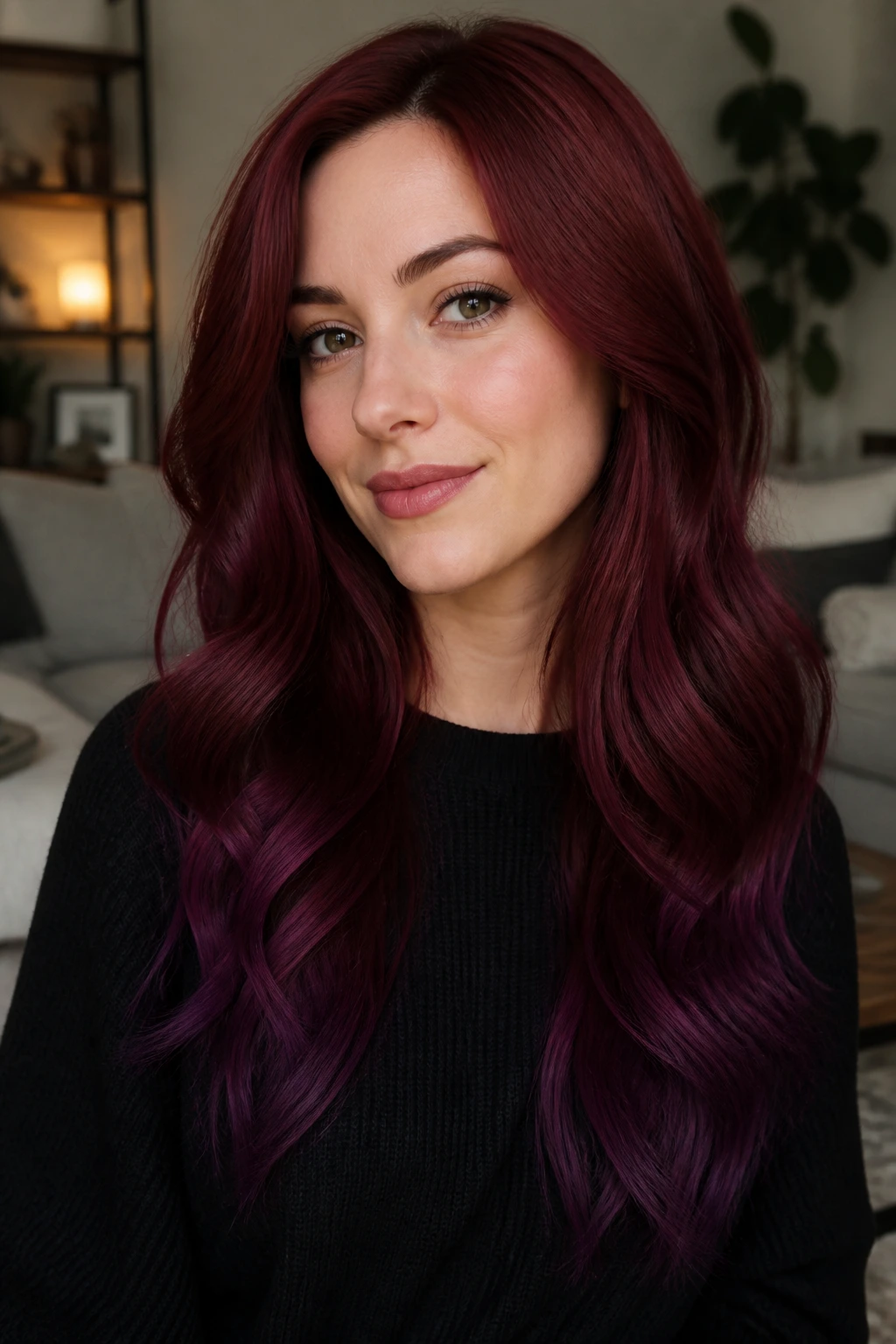 Head-and-shoulders portrait of a real woman with burgundy ombré and plum ends