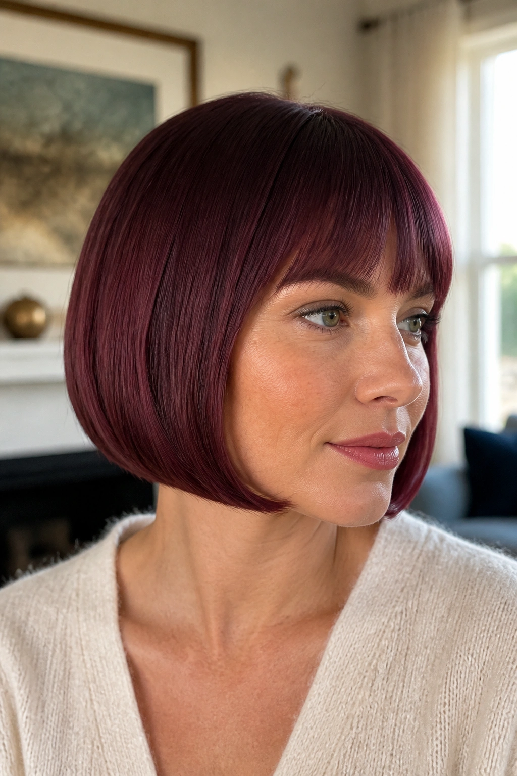 Close-up of a real woman wearing a burgundy pageboy bob with curved edge.