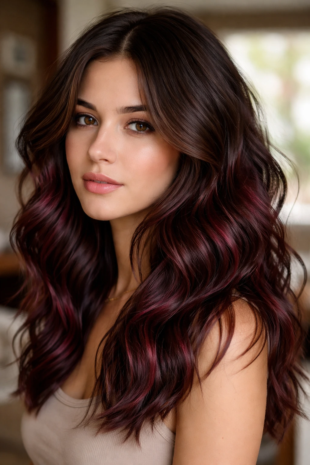 Close-up of real person with burgundy panels in wavy hair