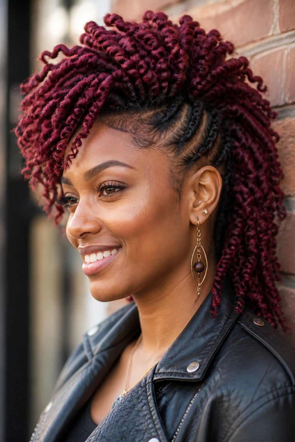Portrait of a real woman with burgundy passion twist mohawk outdoors on a street
