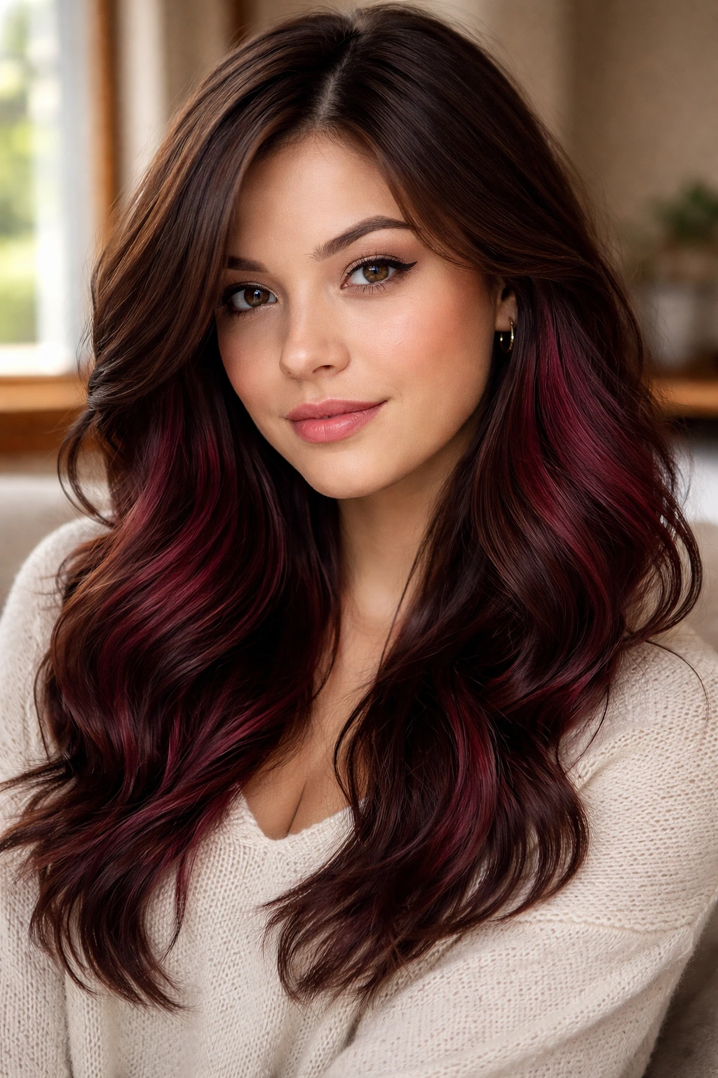 Close-up of a woman with burgundy underlayers peeking through brown hair.
