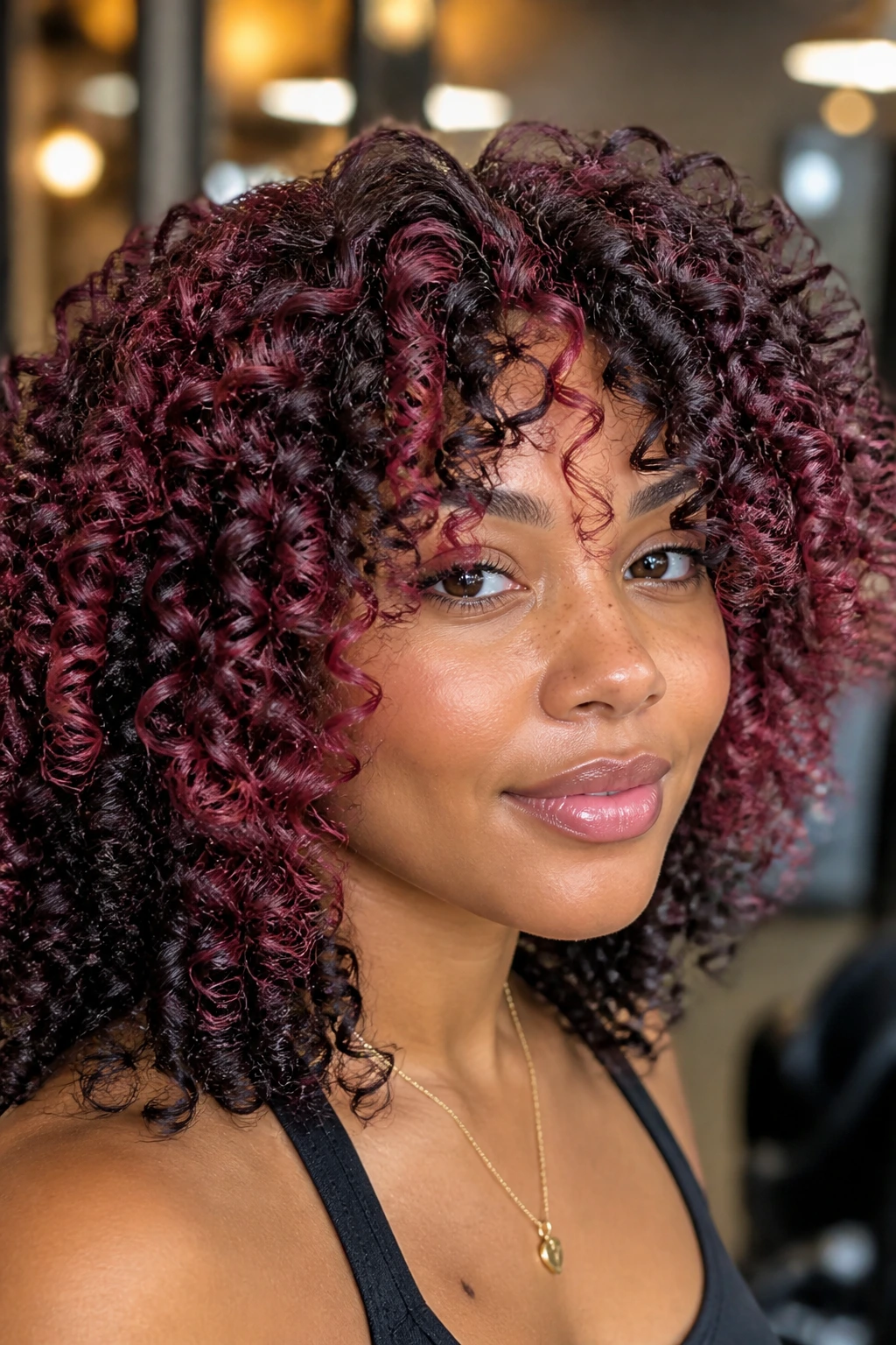 Coily brown-haired woman with burgundy pink curls framing her face