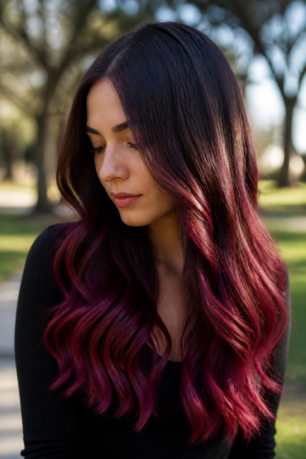Close-up of long hair with burgundy-pink ombré from roots to ends.