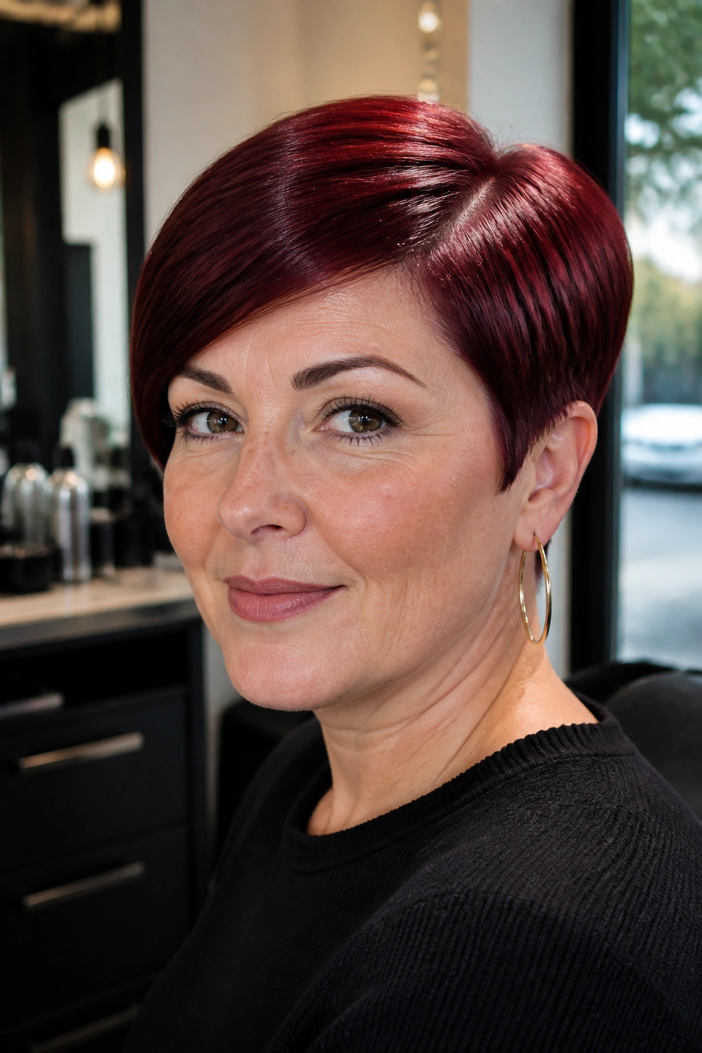 Portrait of a real woman with a sleek burgundy pixie in a modern salon with natural light