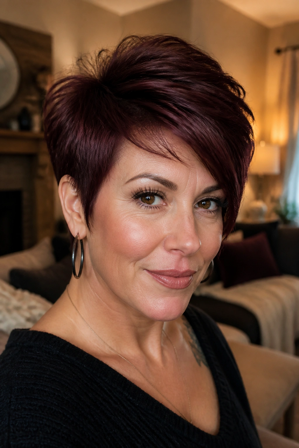 Woman with soft burgundy pixie and longer top