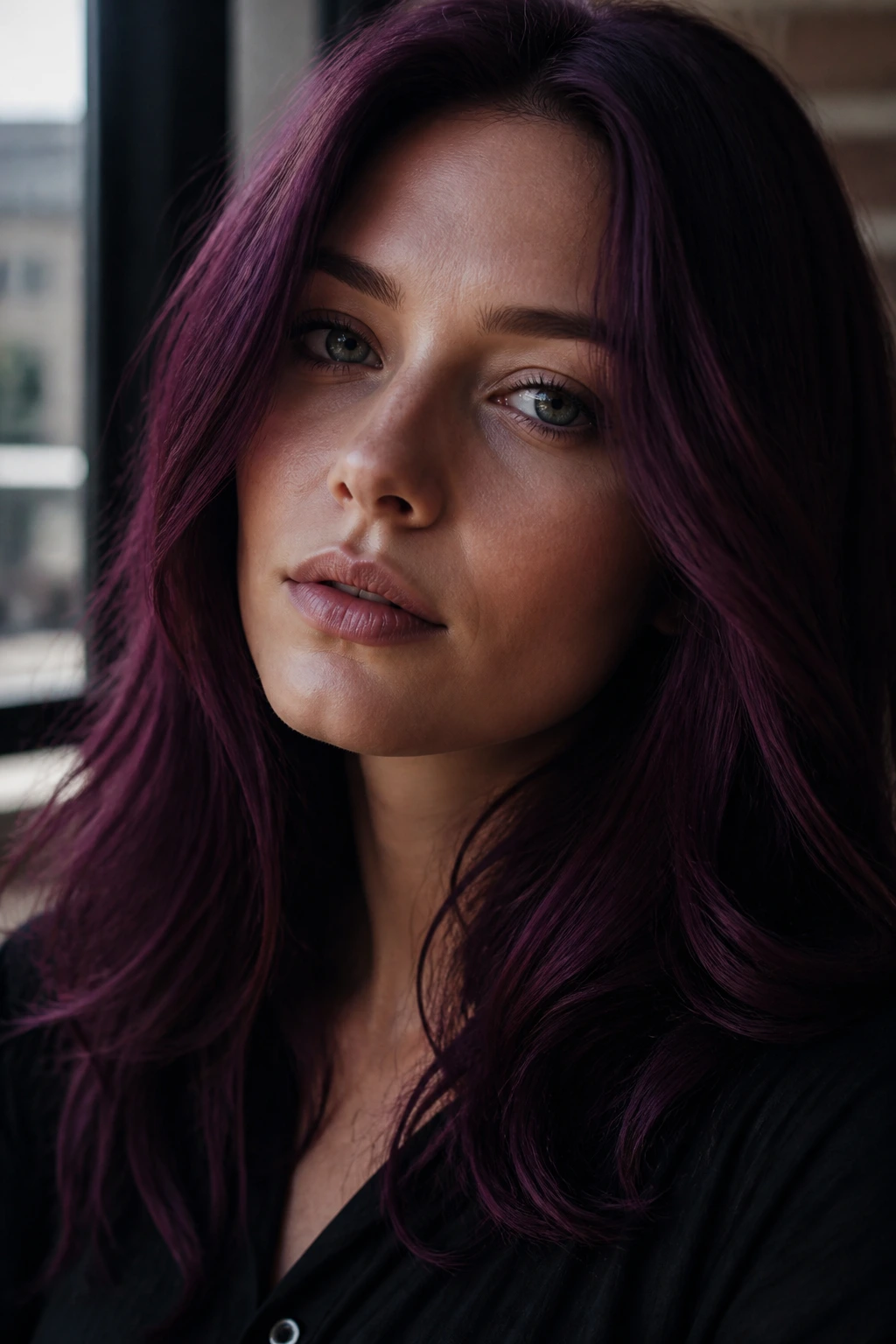 Close-up portrait of a real person with cool-toned burgundy purple hair