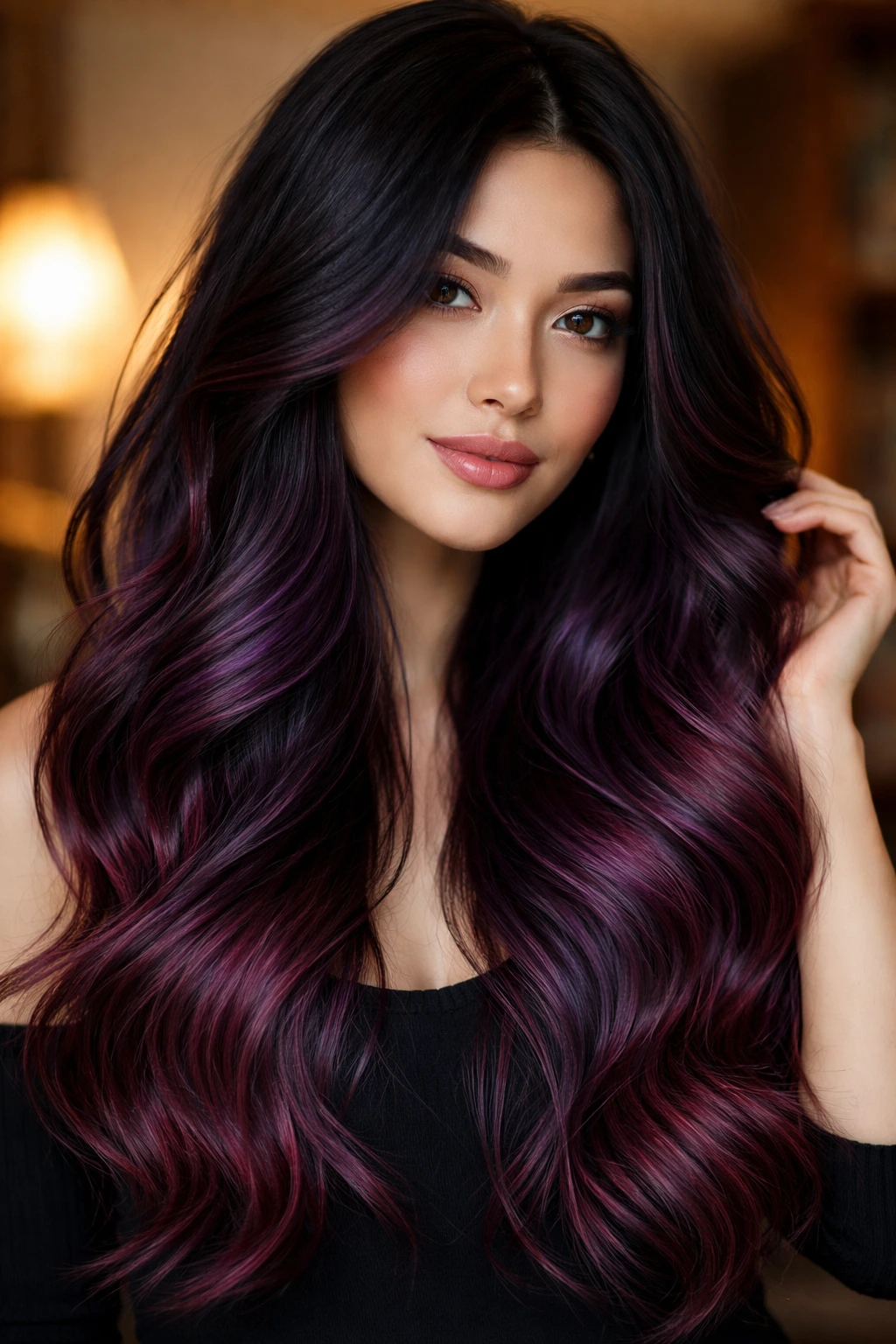 Close-up of a real person with burgundy-purple melting hair