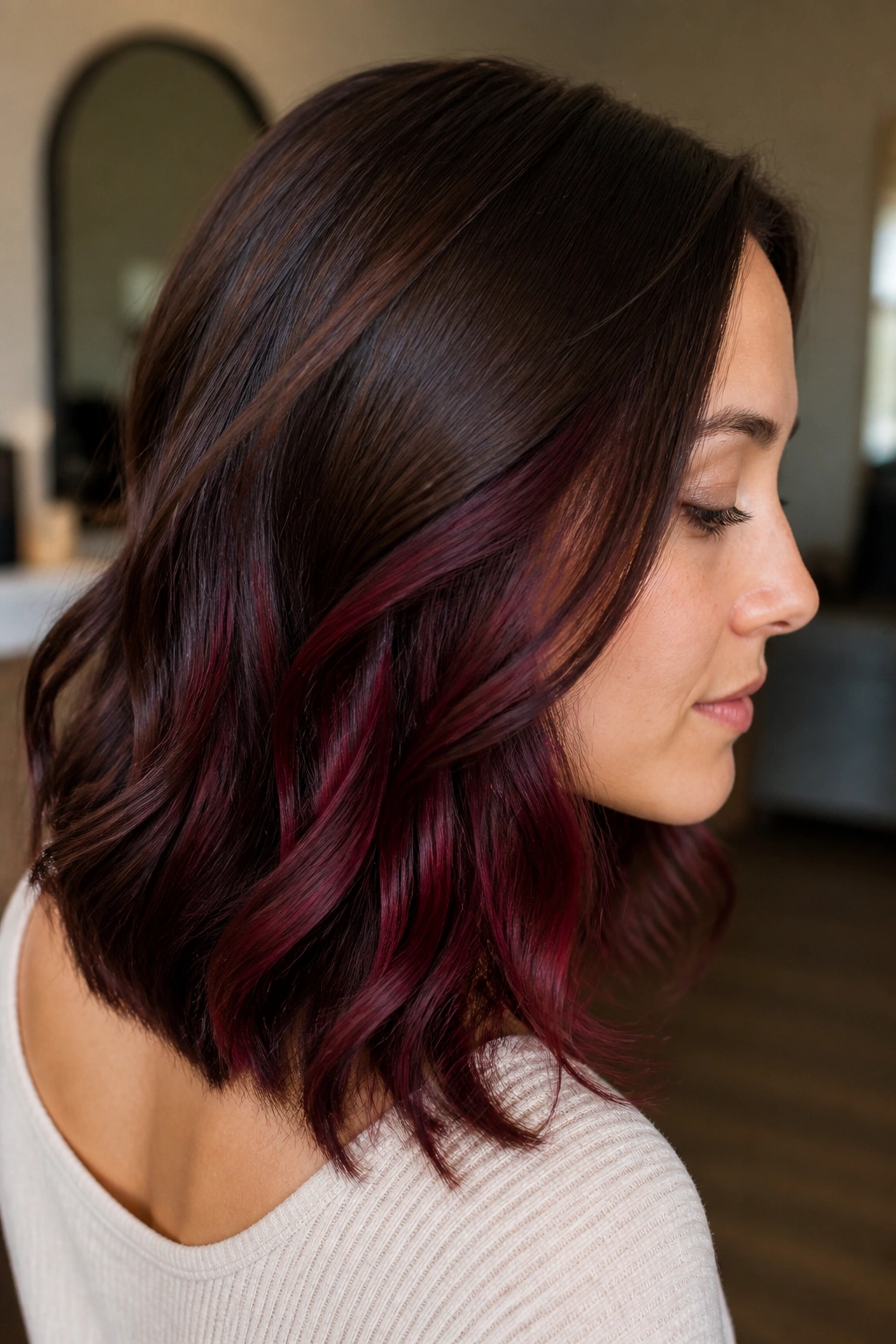 Close-up of a real woman showing burgundy peekaboo ribbons beneath hair layers.
