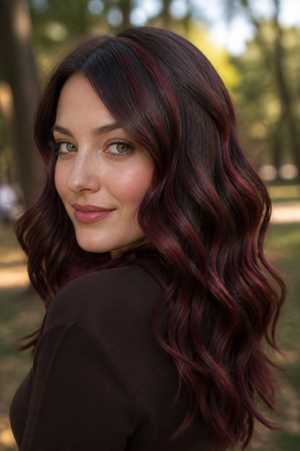 Close-up of a real woman with burgundy ribbon-waved hair.
