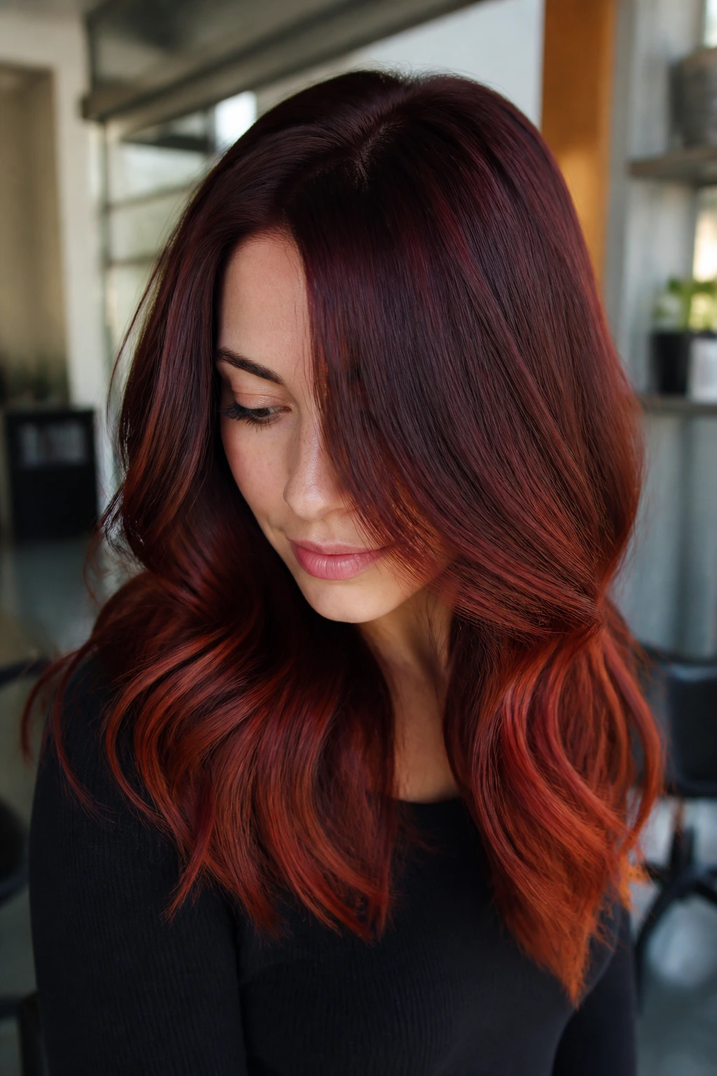 Close-up portrait of a real person with deep burgundy roots and auburn ends