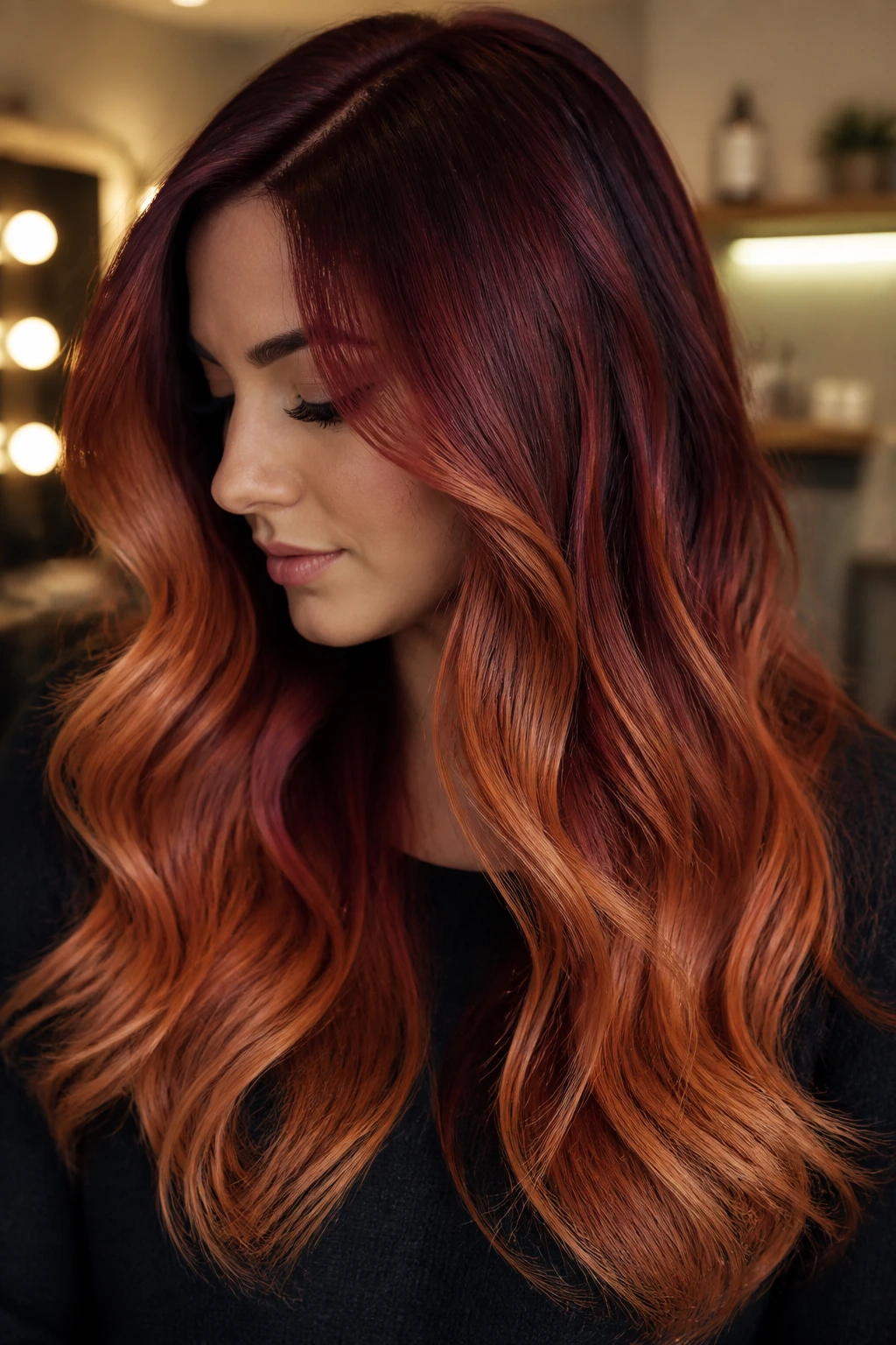 Close-up portrait of a real woman with burgundy roots fading to ginger ends