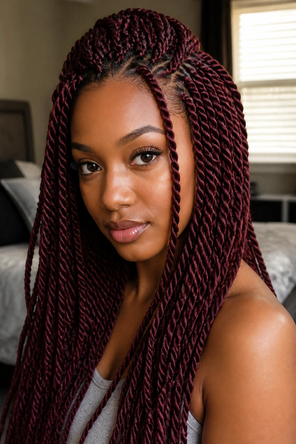 Close-up of a real woman with burgundy rope twists forming spirals around the crown