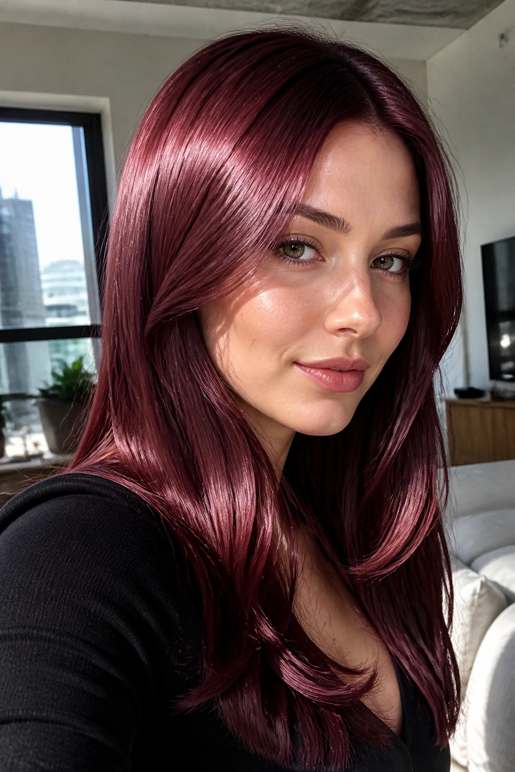 Close-up of real woman with burgundy rose chrome hair under natural daylight