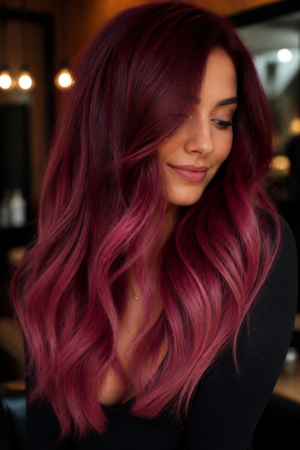 Close-up of a real woman with Burgundy to Rose Wine ombre, deep burgundy roots blending into rose wine ends.