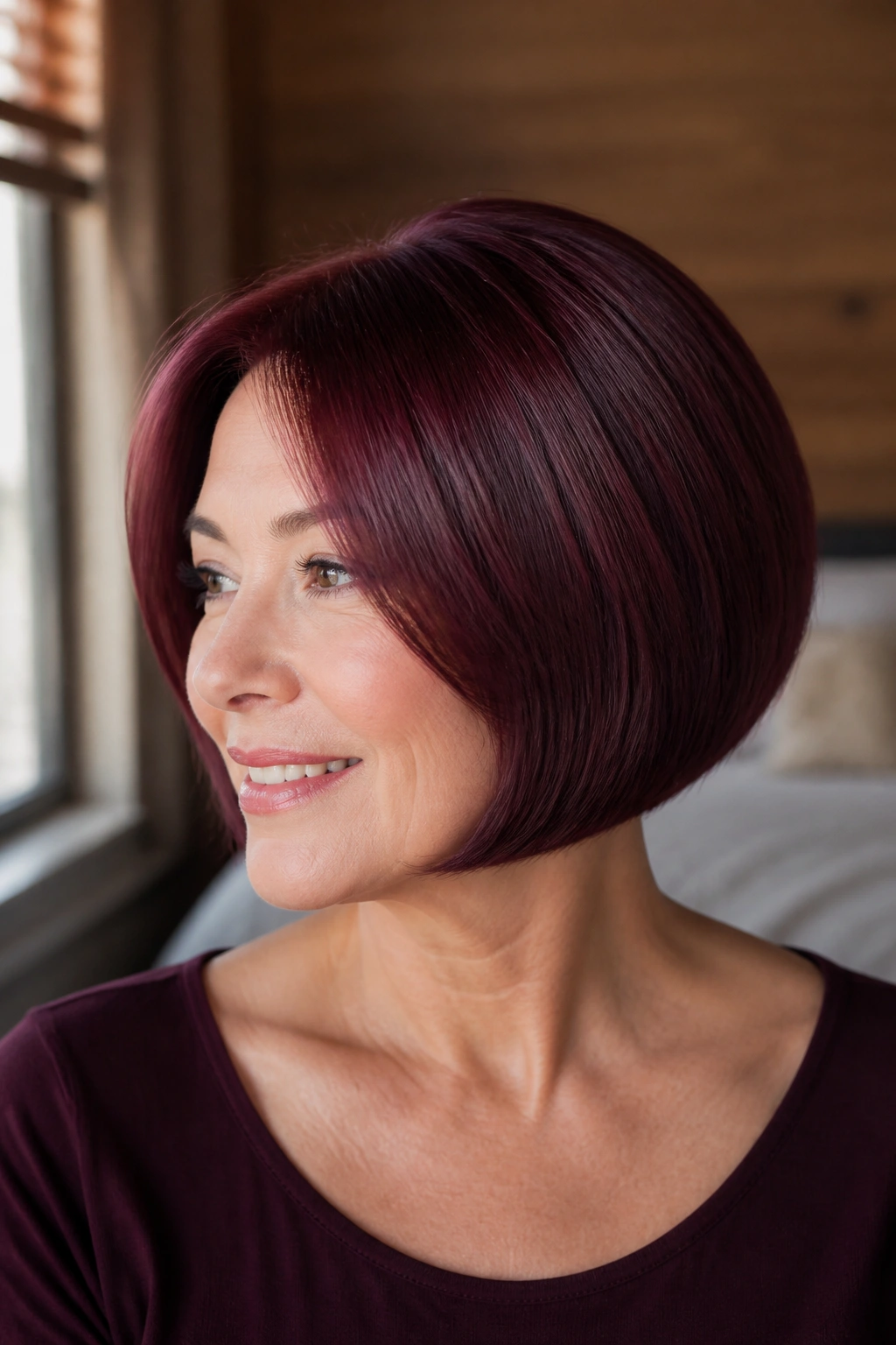 Close-up of a woman with glossy rounded burgundy bob.