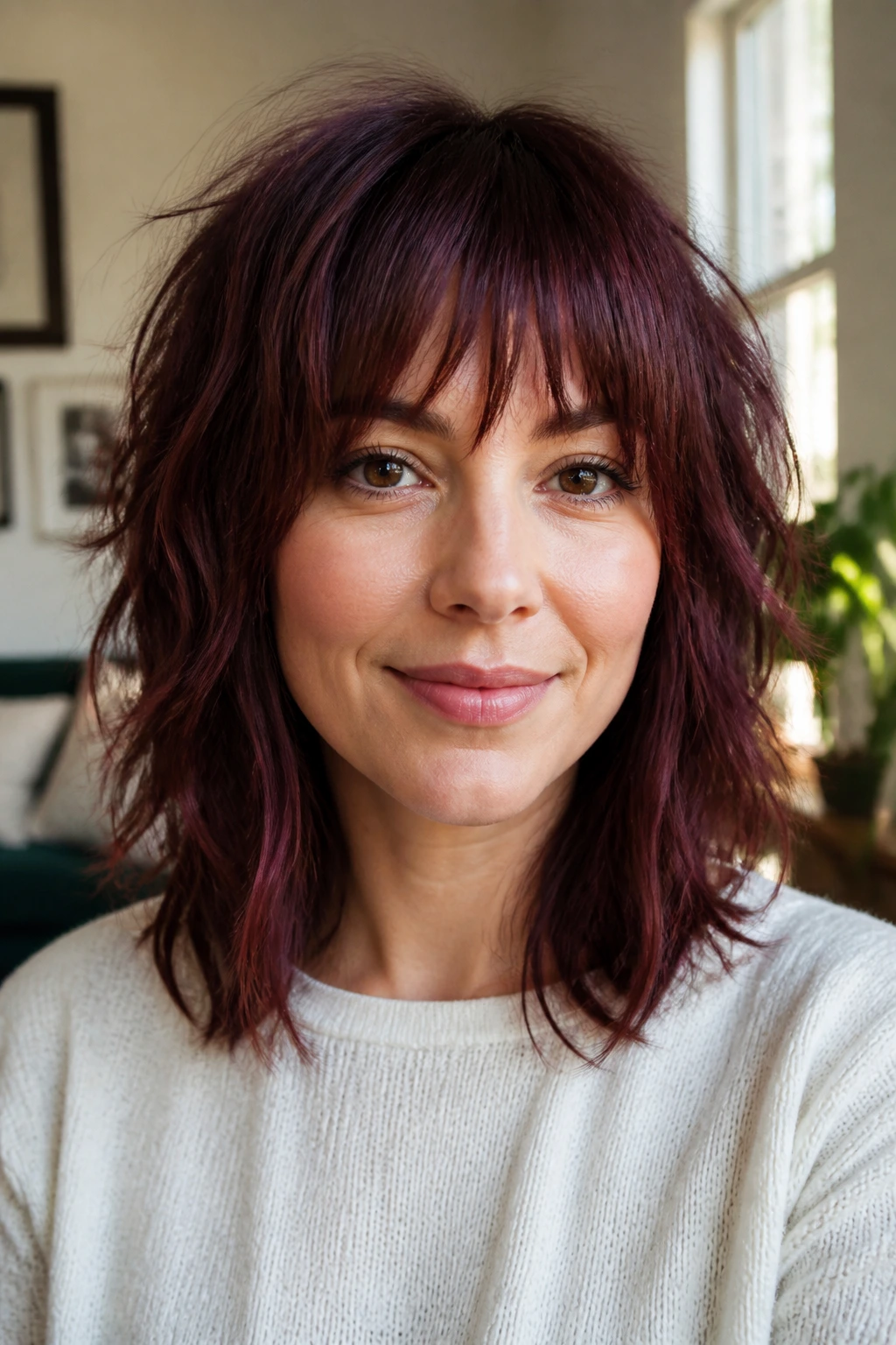 Close-up of a real woman with burgundy collarbone-length shag framing her face.