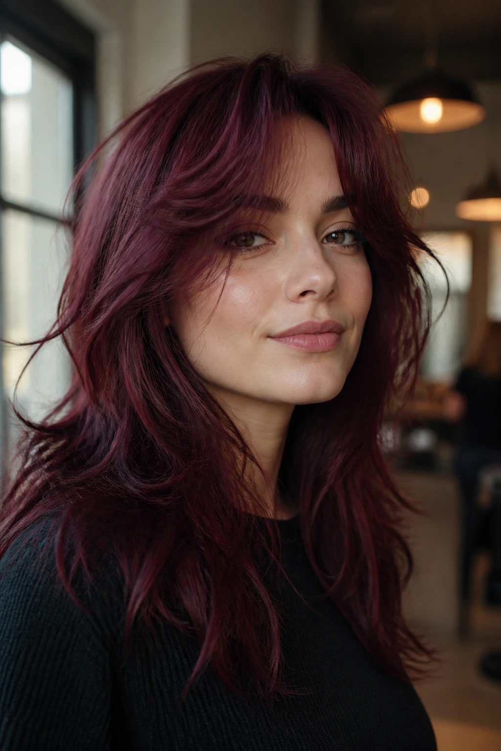 Close-up portrait of a real person with a cool burgundy shag and curtain bangs in a sunlit salon.