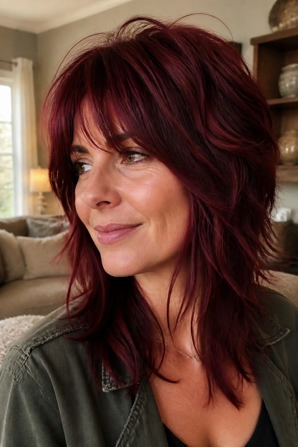 Close-up of a real woman with a deep burgundy shag and lived-in texture, medium length, warm natural light.