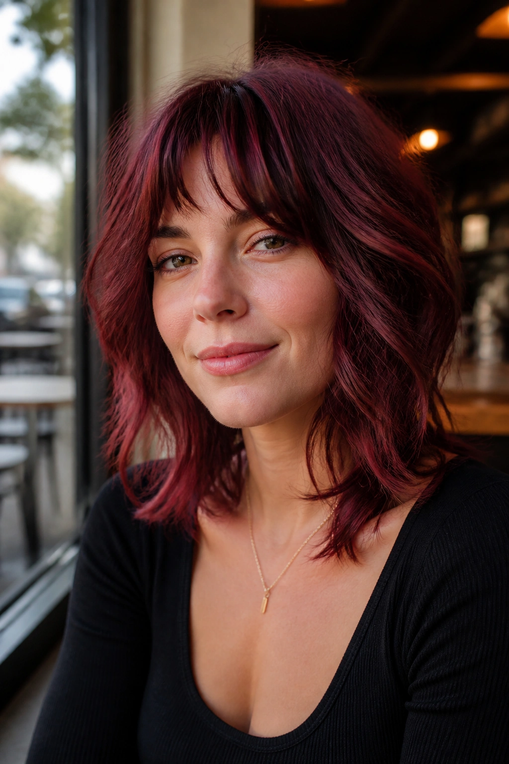 Portrait of a woman with shoulder-length burgundy shag and airy fringe.