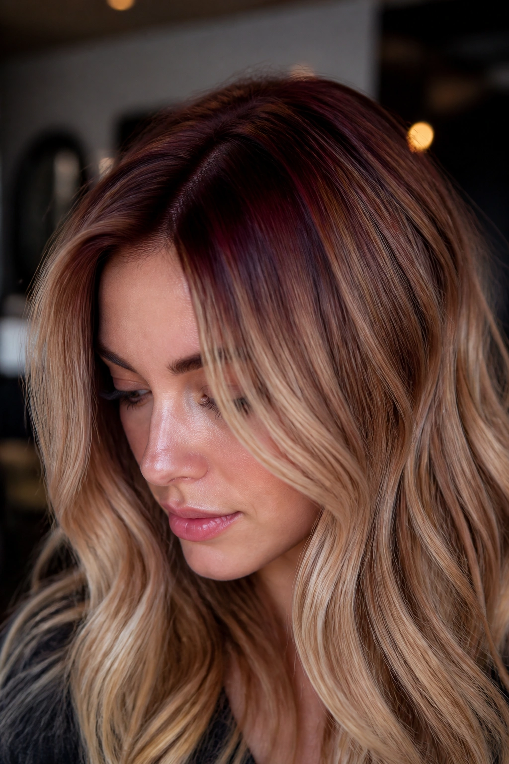 Real person with burgundy smudge on honey blonde hair