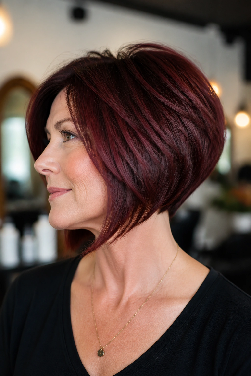 Portrait of burgundy stacked bob with crown lift in stylish salon