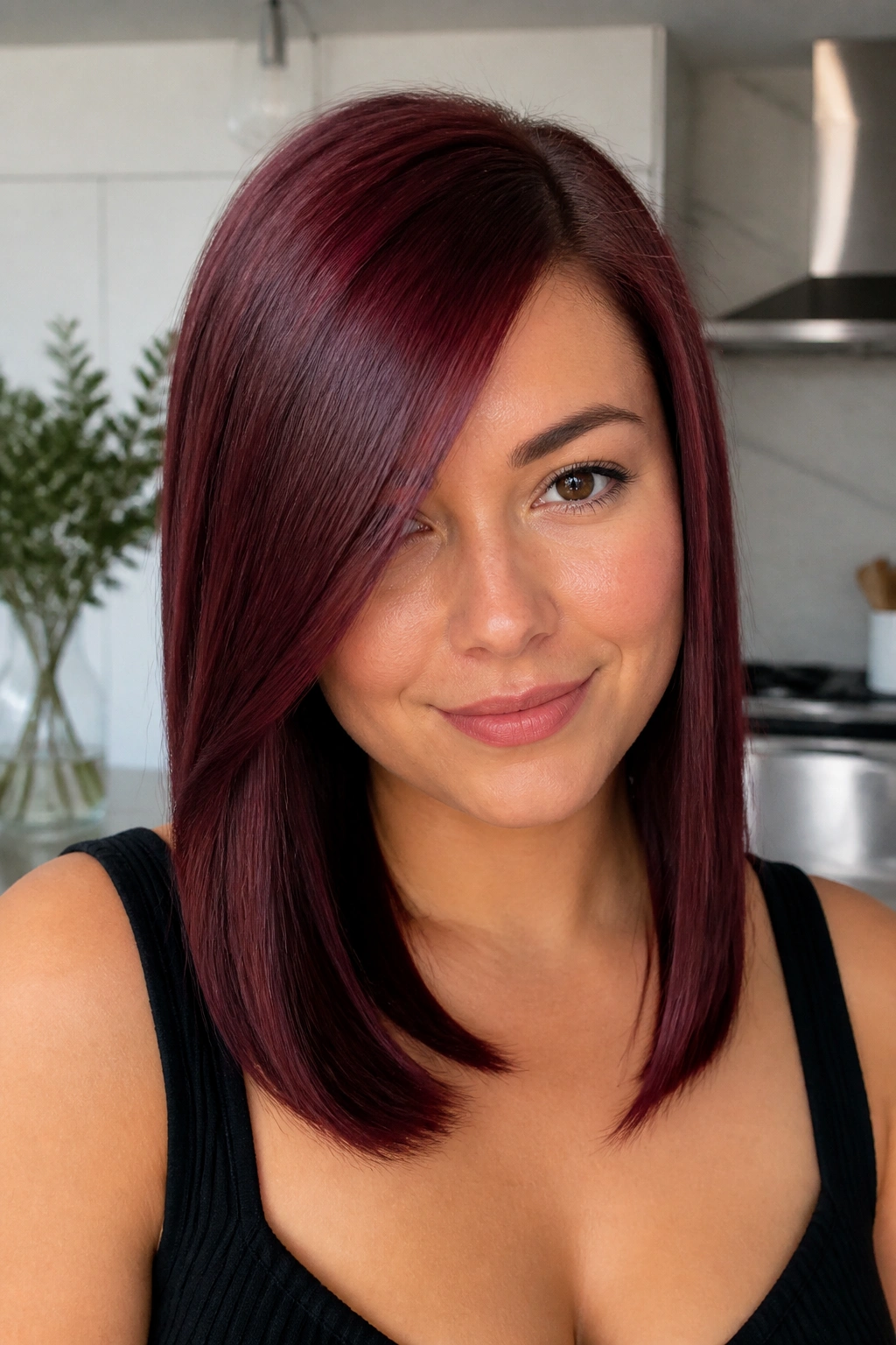 Close-up of a woman with burgundy straight hair and an off-center part.