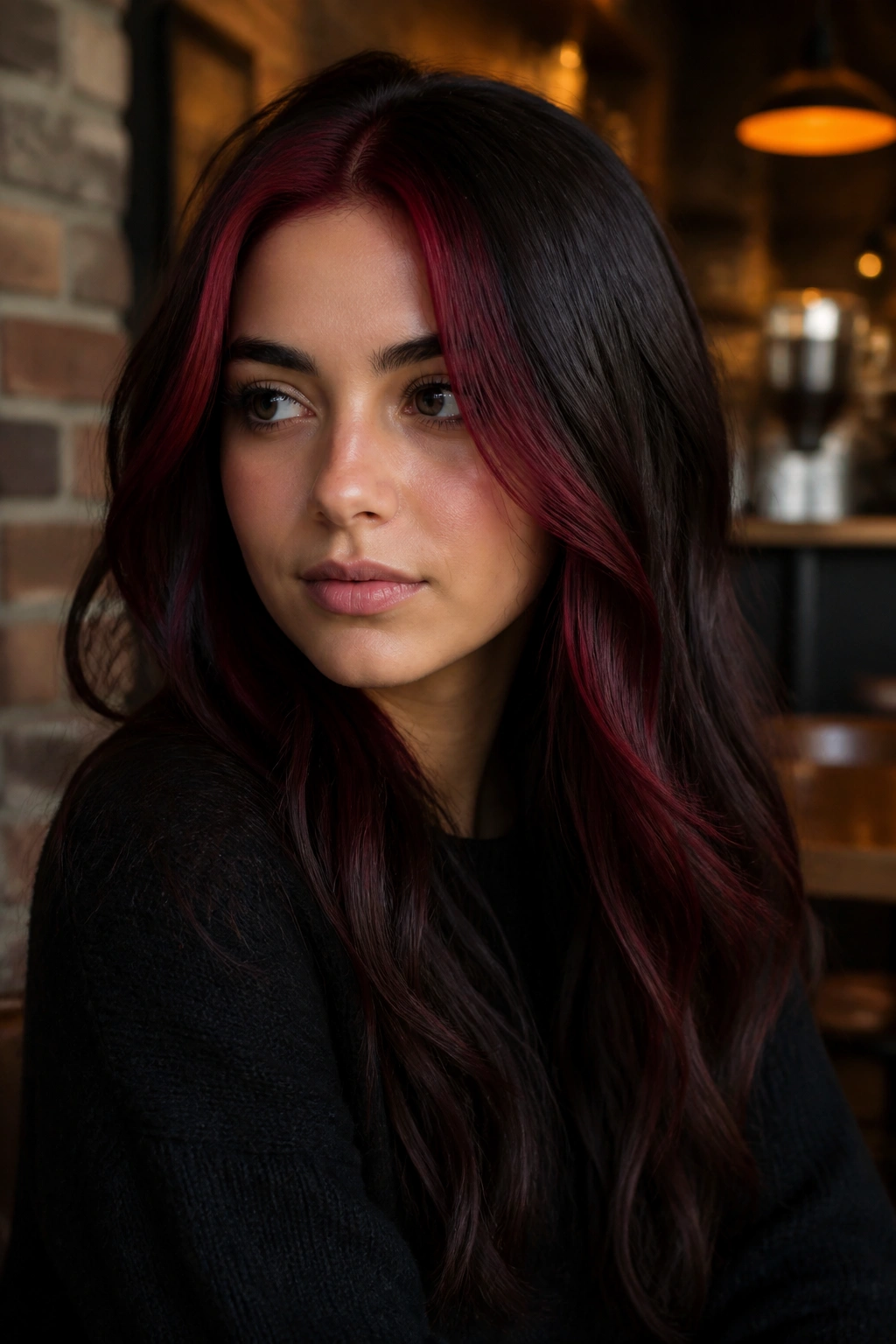 Close-up portrait of a real woman with a burgundy stripe on brown hair